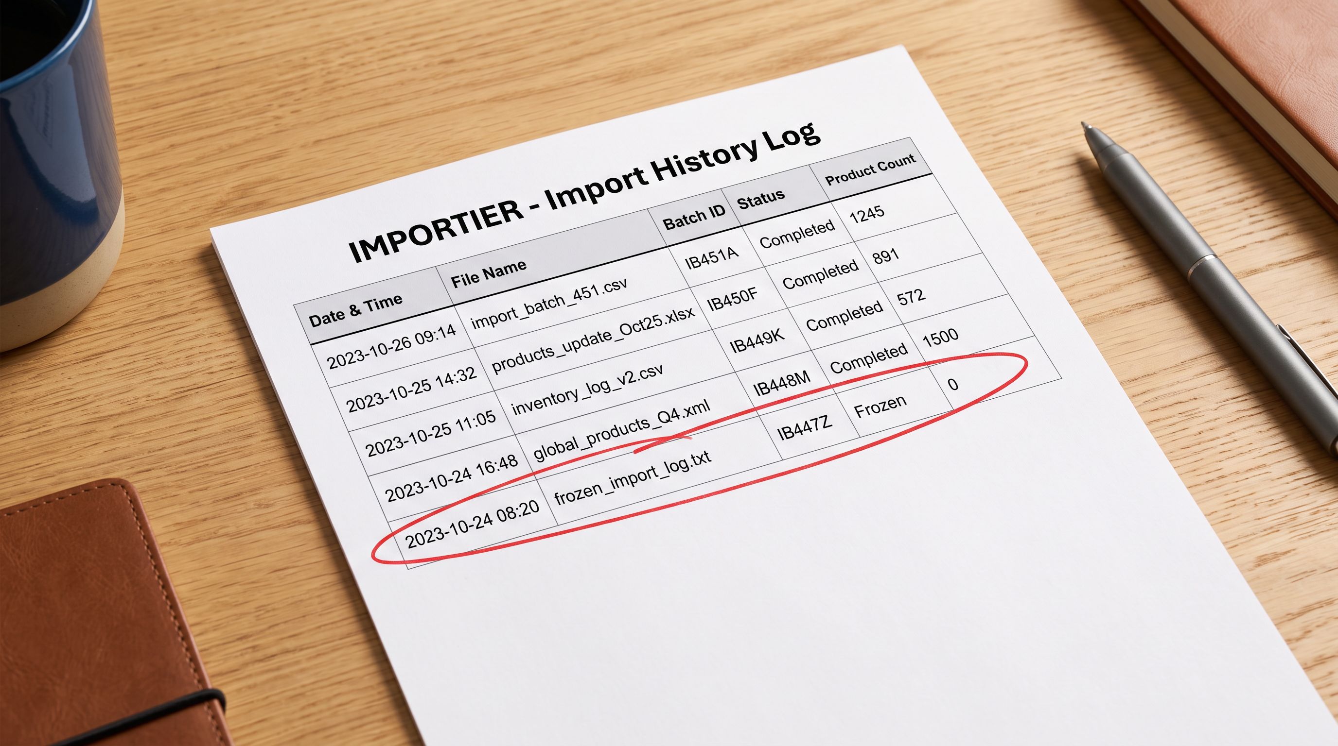 A printed Import History log showing batch entries with product counts, with a zero-count row circled indicating a safe-to-retry freeze.
