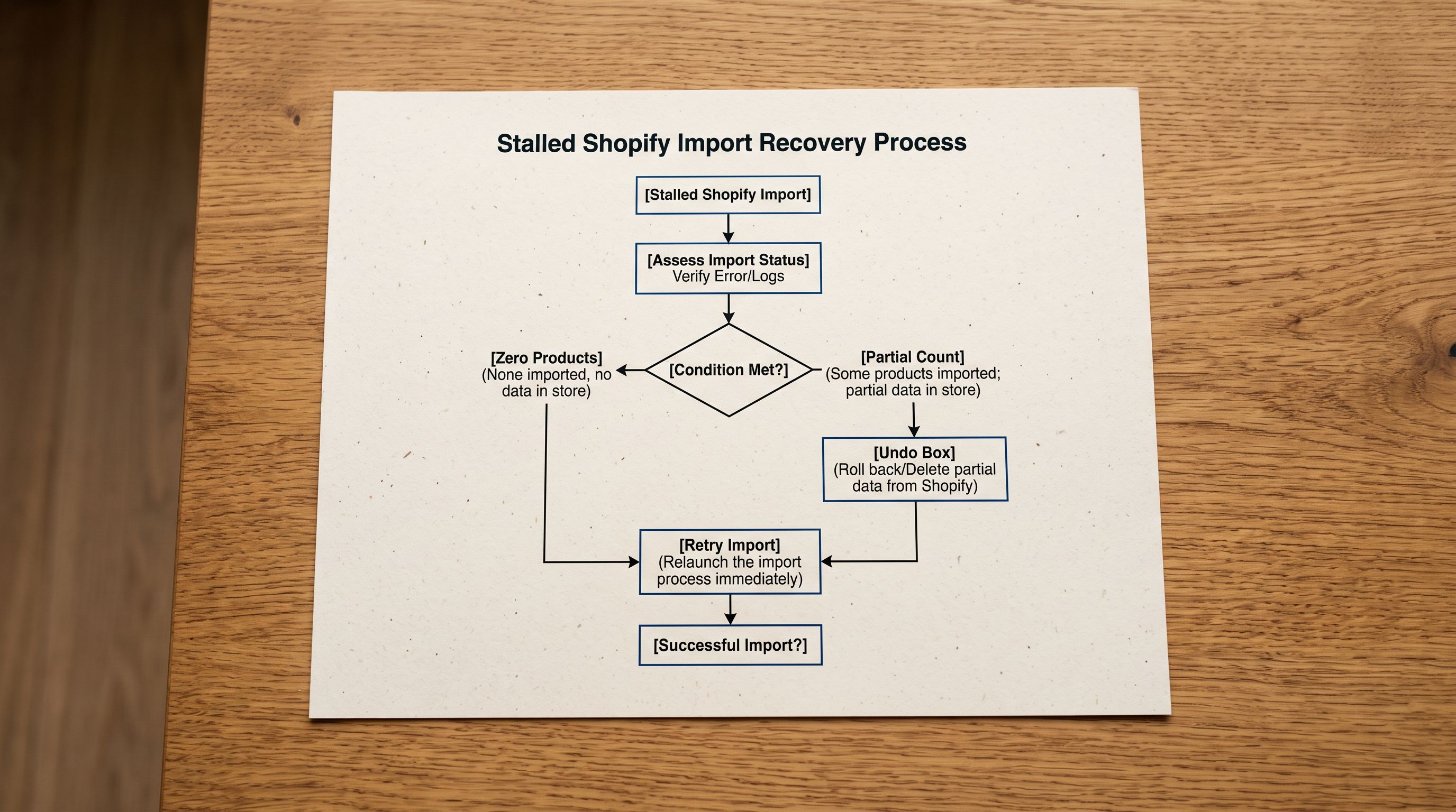 A recovery flowchart branching on zero products versus partial count outcomes, showing retry and Import Undo paths.