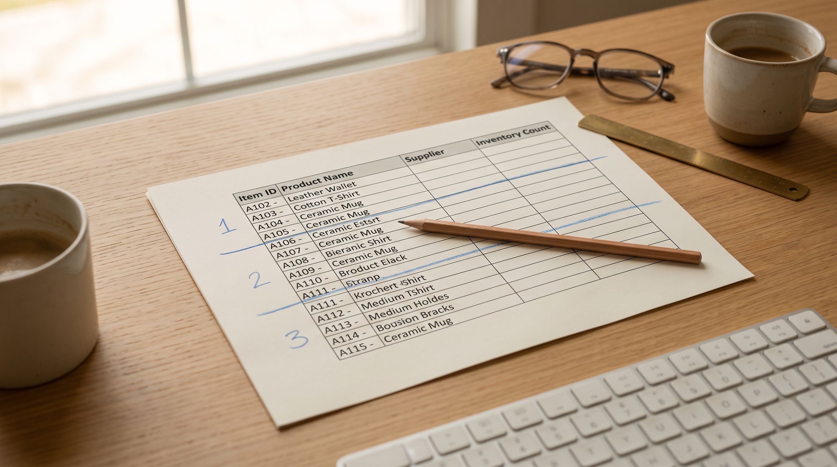 A printed batch planning worksheet with a supplier product list divided into three numbered groups representing smaller import batches.