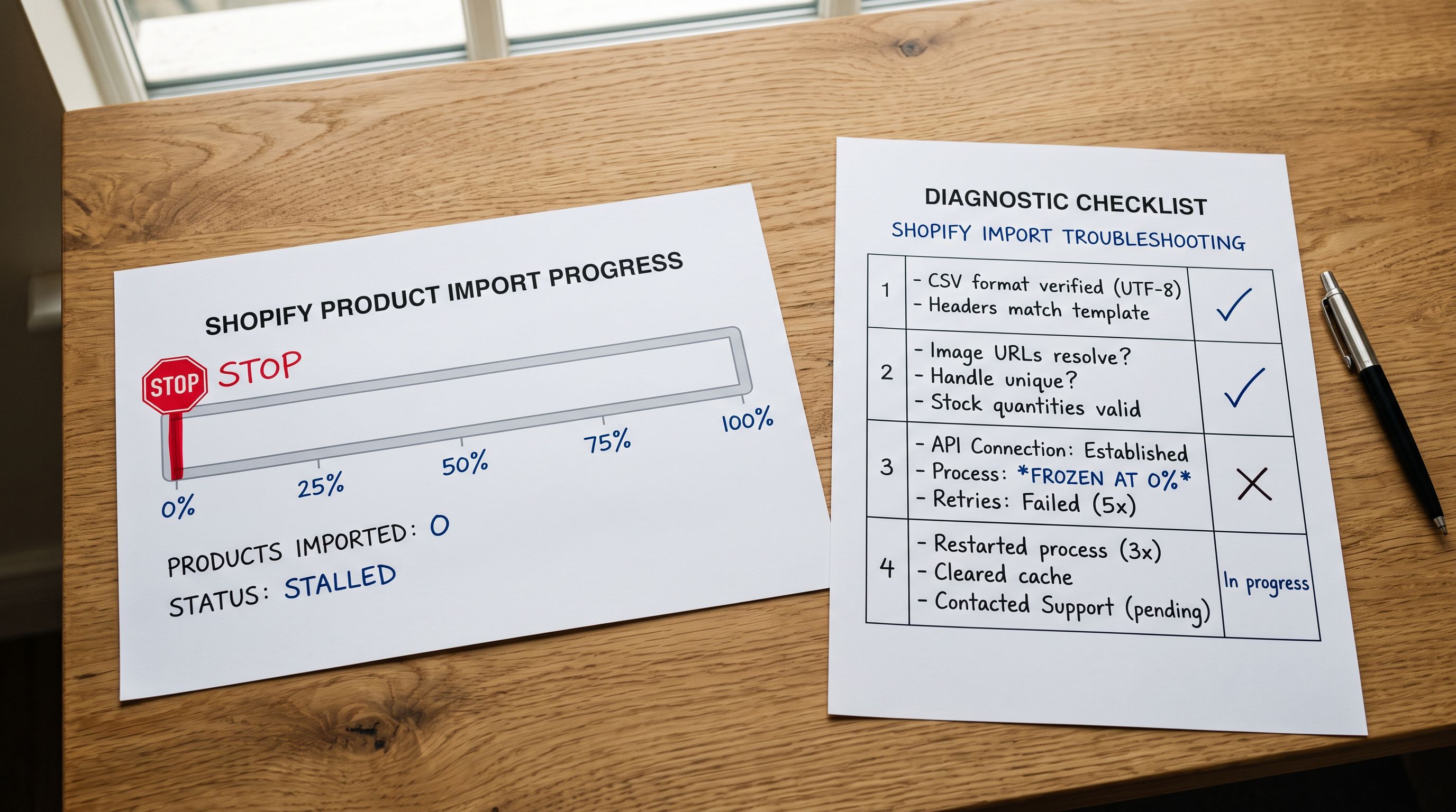 A printed import progress bar diagram on a clean wooden desk showing a bar frozen at 0 percent with diagnostic notes beside it, representing a stalled Shopify product import.