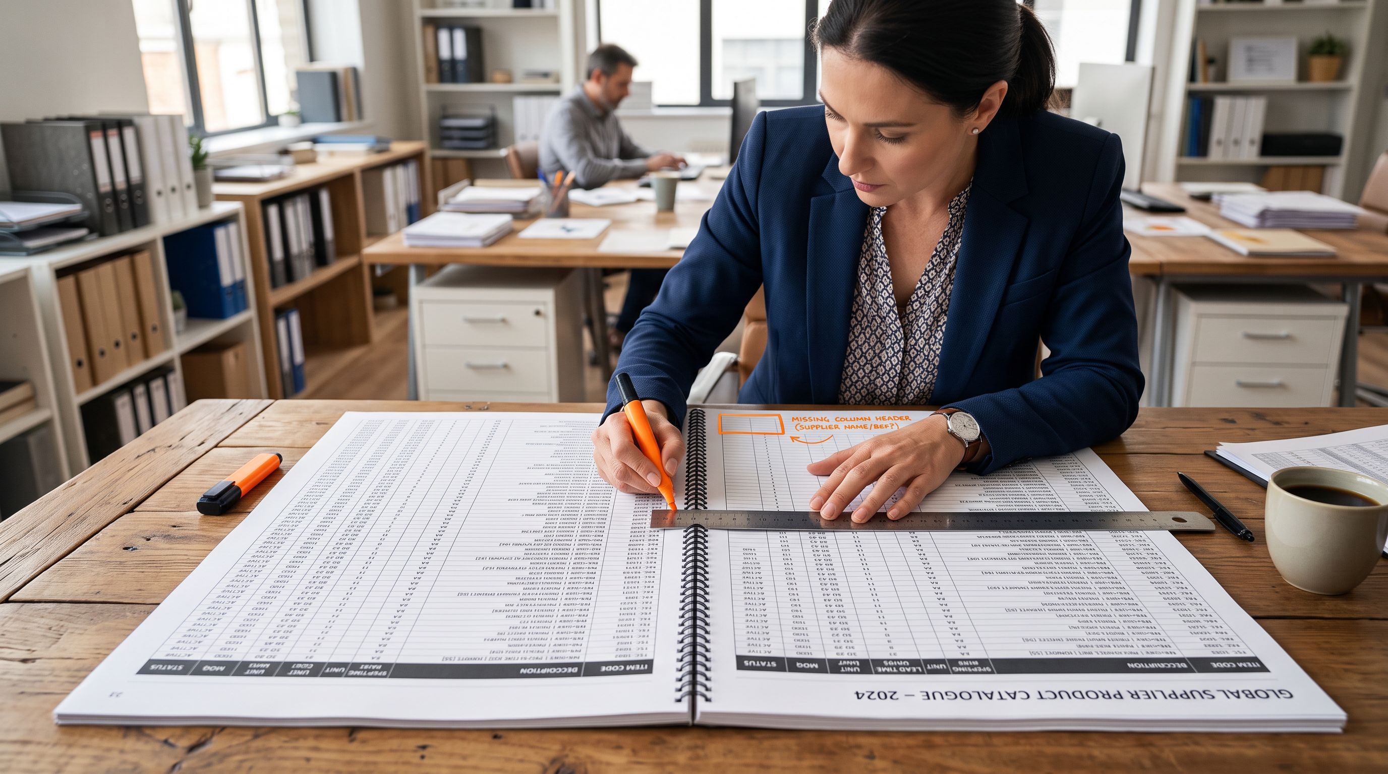Supply chain analyst examining a large printed supplier product catalogue spread flat on an office table showing ordered rows of product codes with a highlighted annotation marking an absent column header