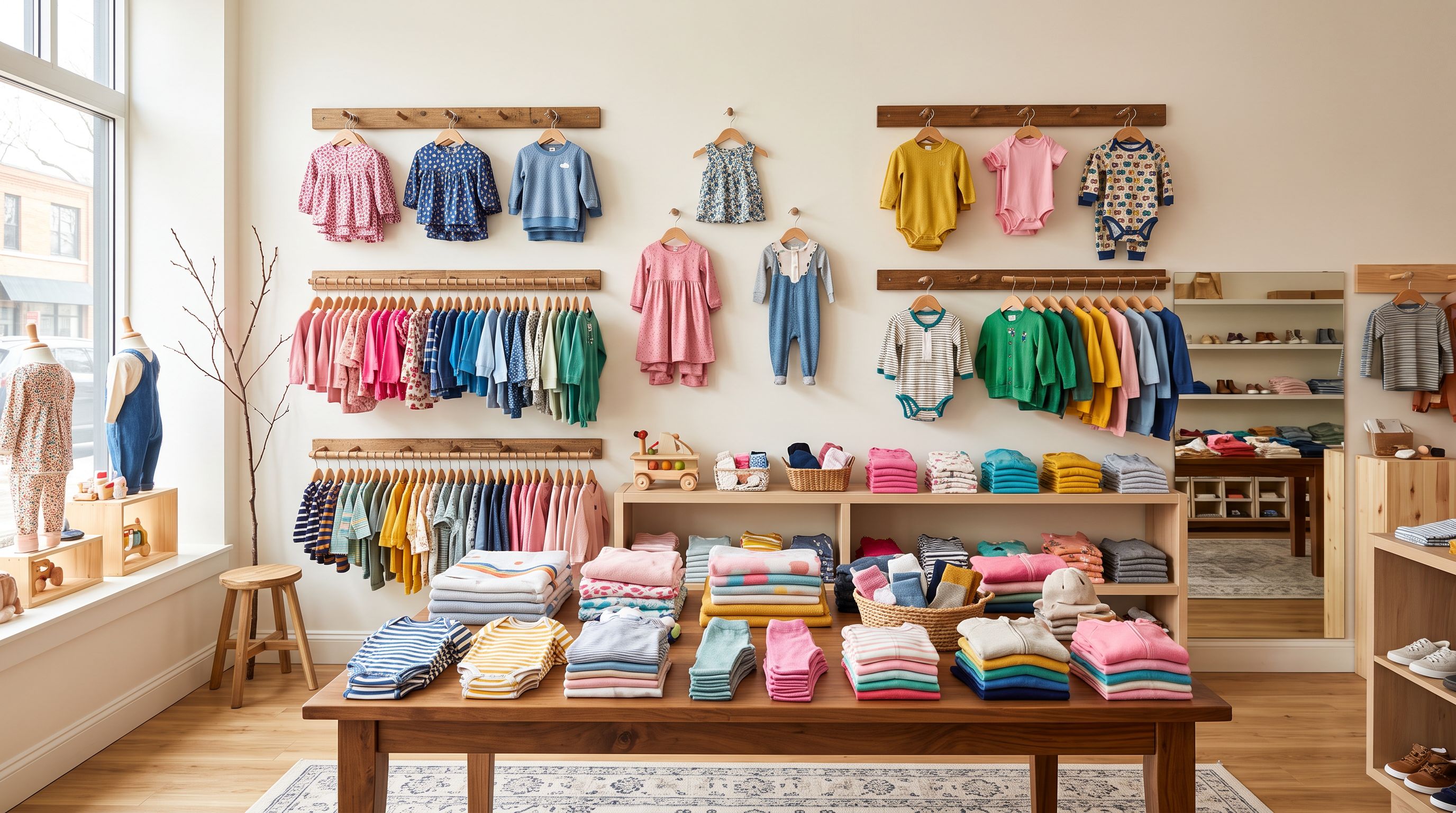 Boutique children's clothing store interior with neat rows of colourful garments hanging on wooden wall-mounted rails and folded stacks of baby clothing arranged on display tables