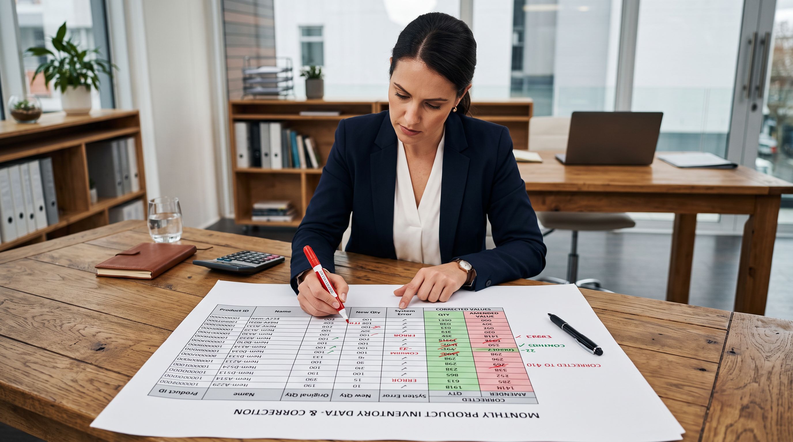 Financial auditor at a large wooden desk examining a printed data correction worksheet with rows of product records and two columns of amended values highlighted in green and red correction marks