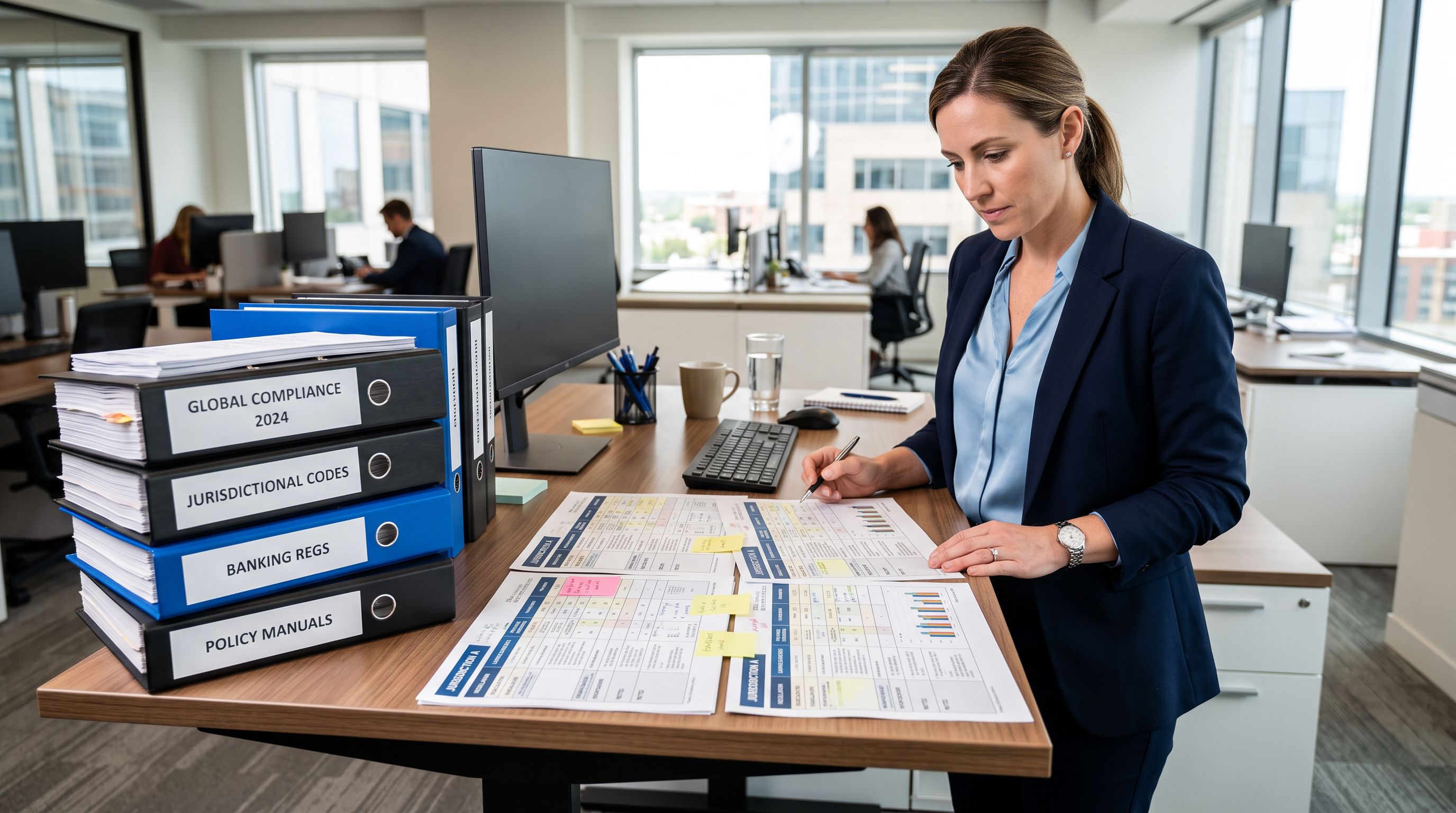 Compliance officer at a standing desk with multiple printed jurisdiction reference sheets spread across the surface showing comparison table columns in an organised layout with labelled section dividers