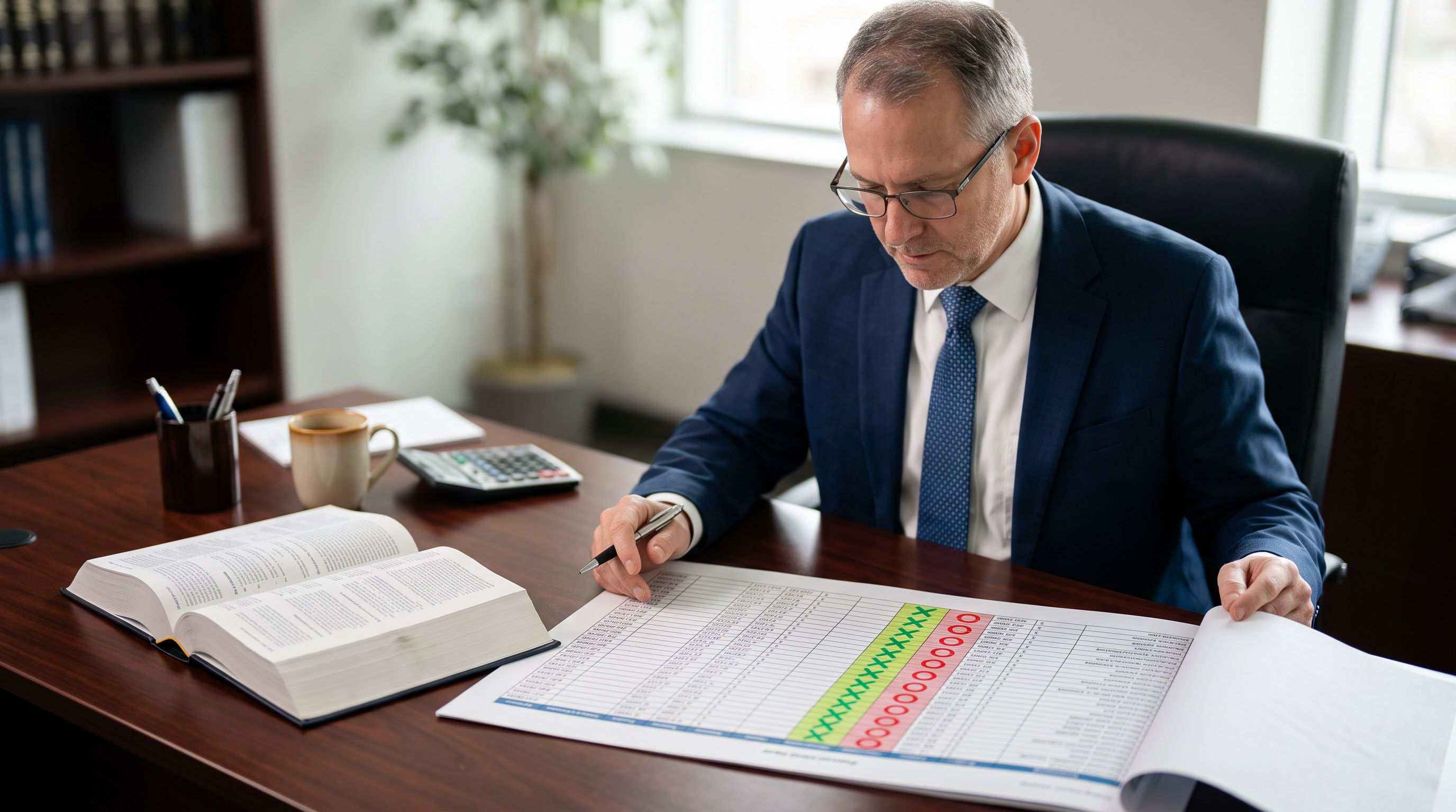 Accountant at a desk reviewing a printed tax status audit spreadsheet with product categories and highlighted taxable status columns beside a tax reference guide
