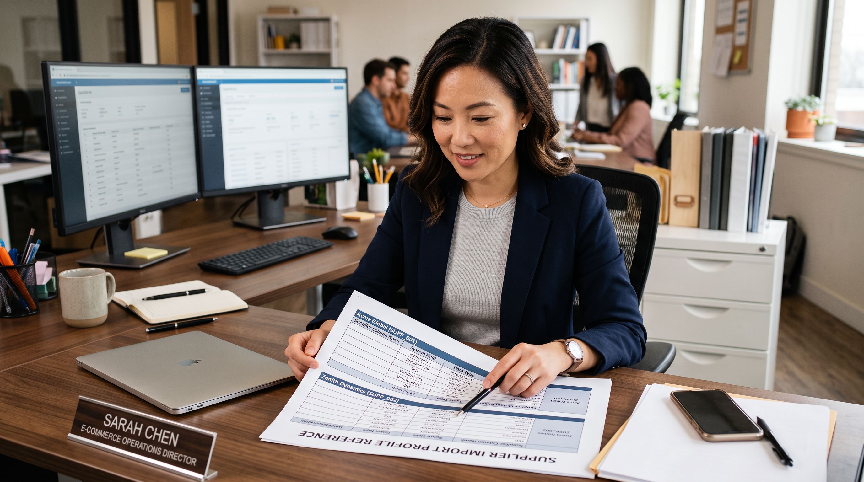 E-commerce operations director at a workstation reviewing a printed supplier import profile reference document showing column name mapping configurations for multiple suppliers arranged in rows.