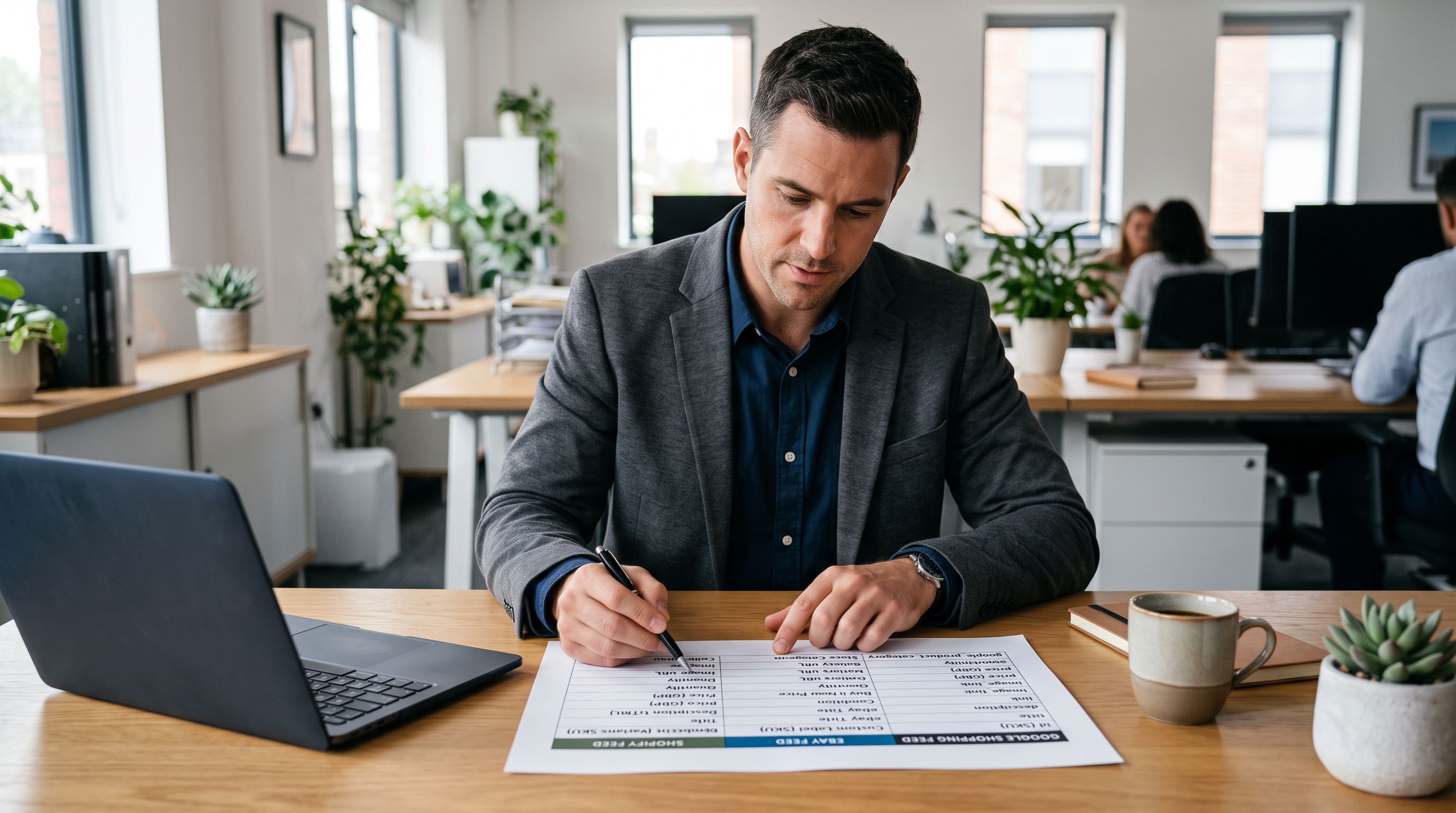 Product channel manager at a desk reviewing a printed export preset reference chart showing three channel configurations for Shopify, eBay, and Google Shopping feed exports arranged in labelled columns on paper.
