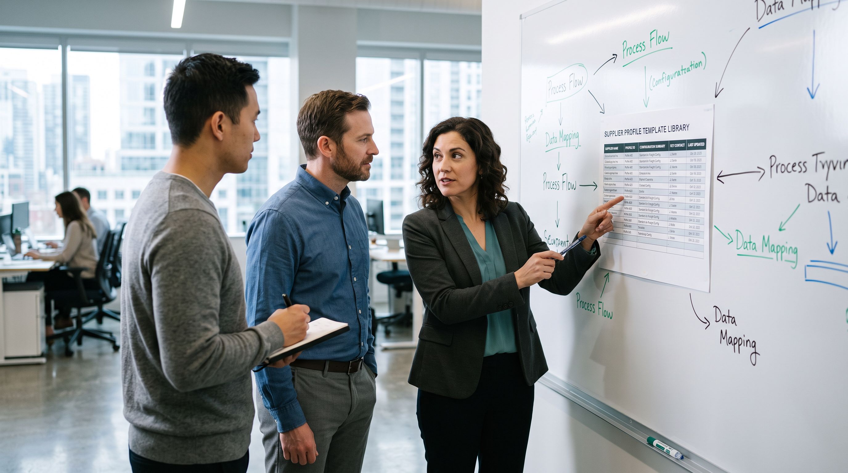 E-commerce operations team members at a shared whiteboard reviewing a printed import template library reference chart with supplier names and profile configuration summaries arranged in a structured table format.