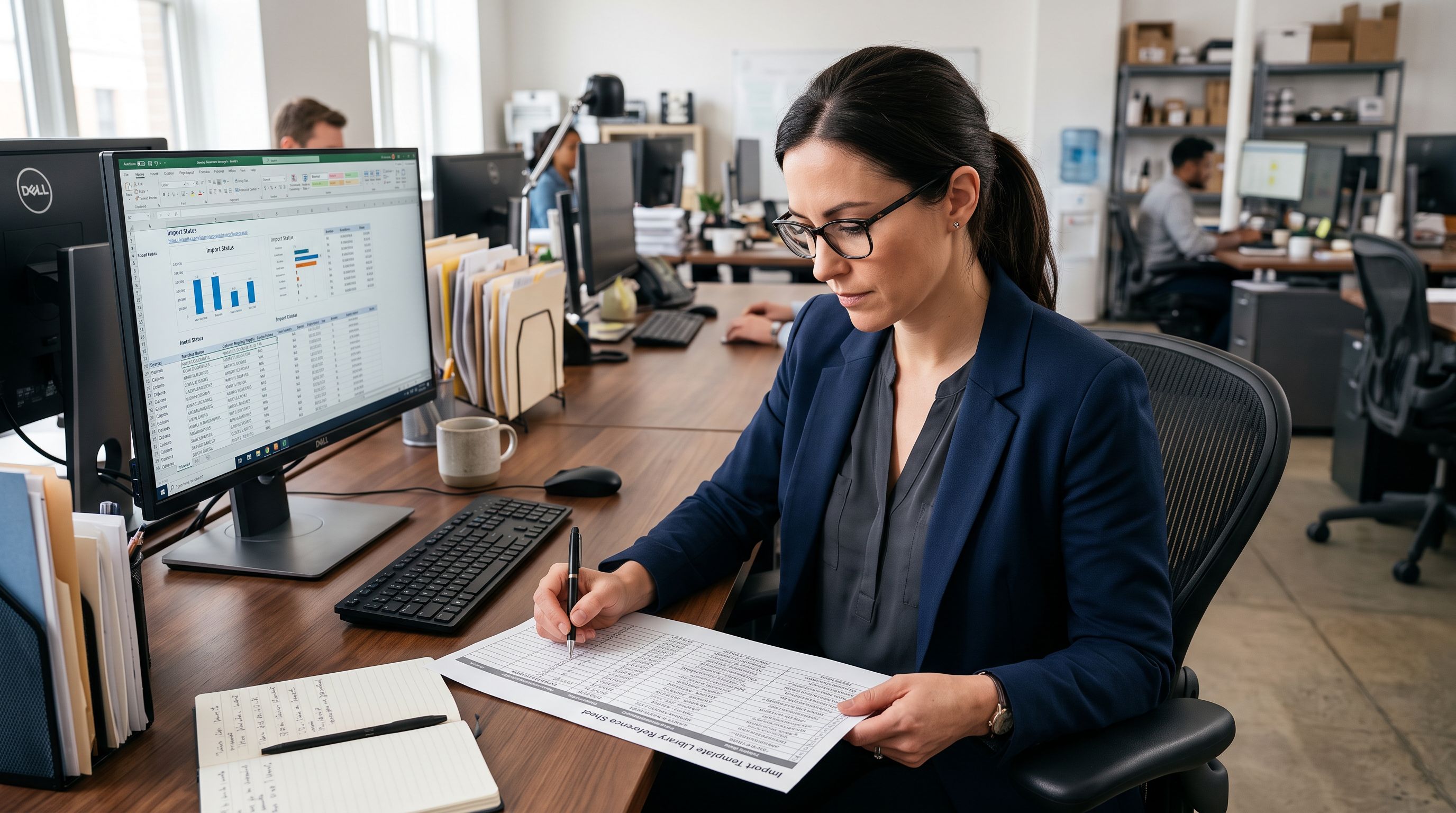 E-commerce operations manager at a workstation reviewing a printed import template library reference sheet showing supplier names matched to column mapping profiles in a structured table