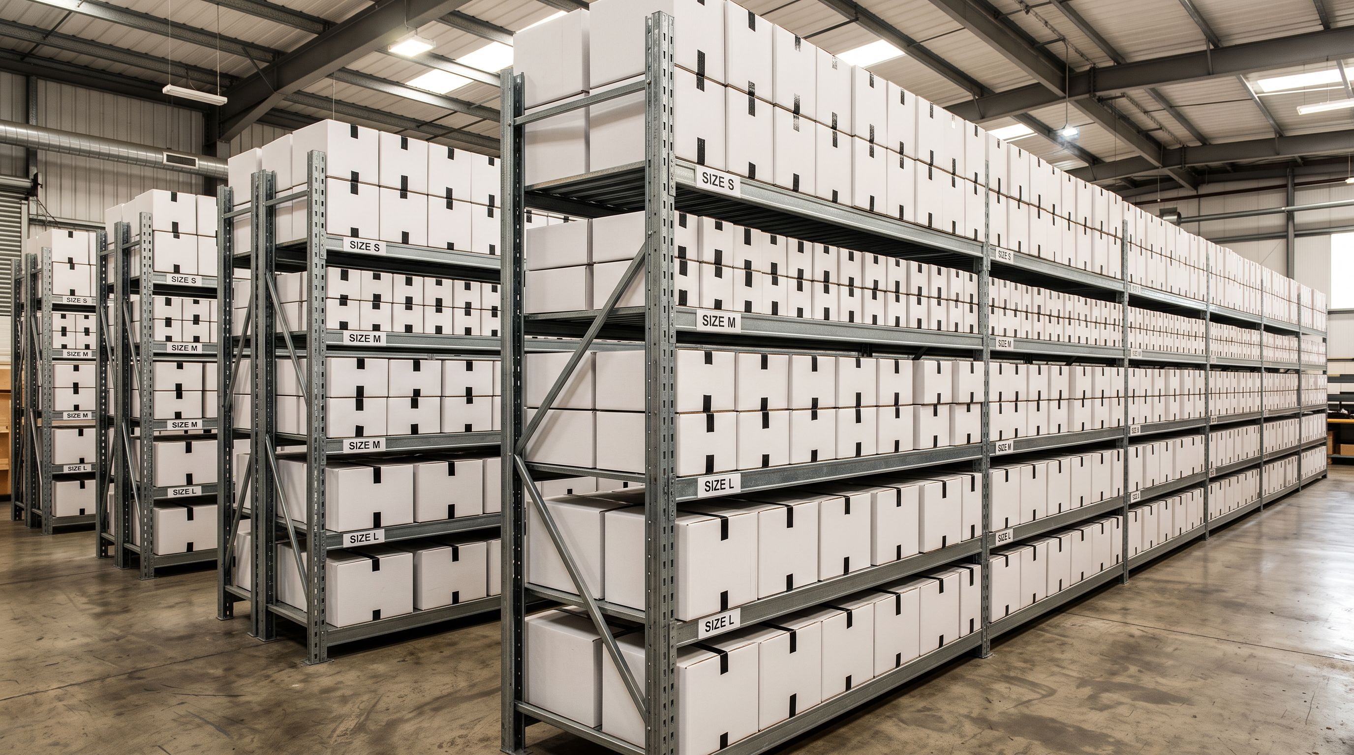 Industrial steel warehouse shelving stacked with white cardboard boxes in three different sizes, each row labelled with printed shelf edge cards