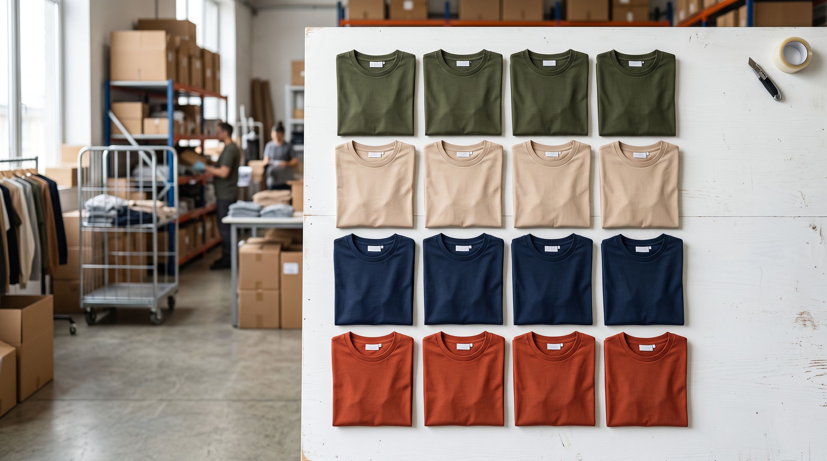 Flat lay of folded t-shirts in four colourways arranged in a grid on a white packaging table in a fashion distribution centre