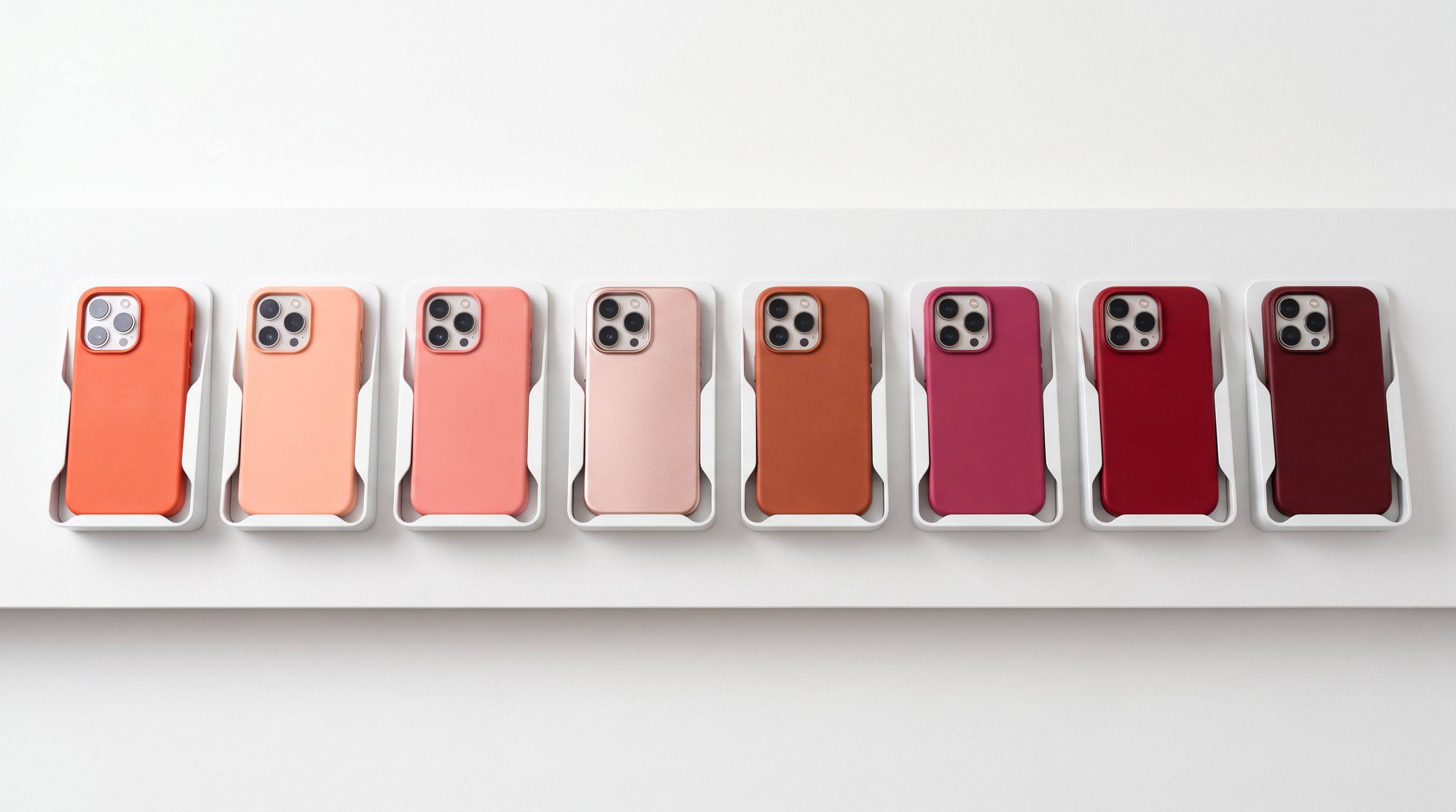 A retail display wall showing eight phone case holders each holding a phone case in a distinct colour, from coral to crimson.