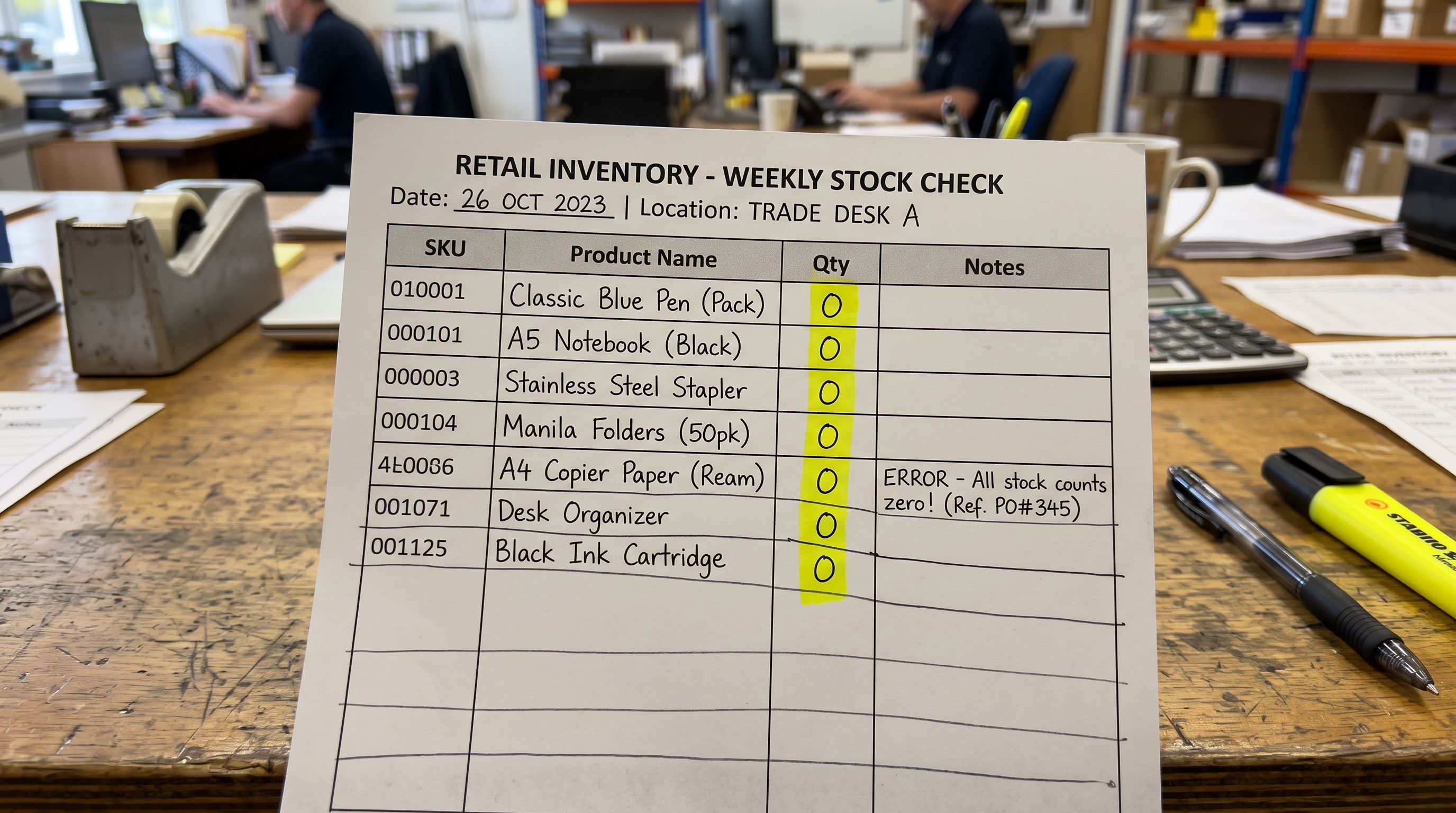 Printed inventory spreadsheet showing a column of zero stock quantities beside product names on a trade desk