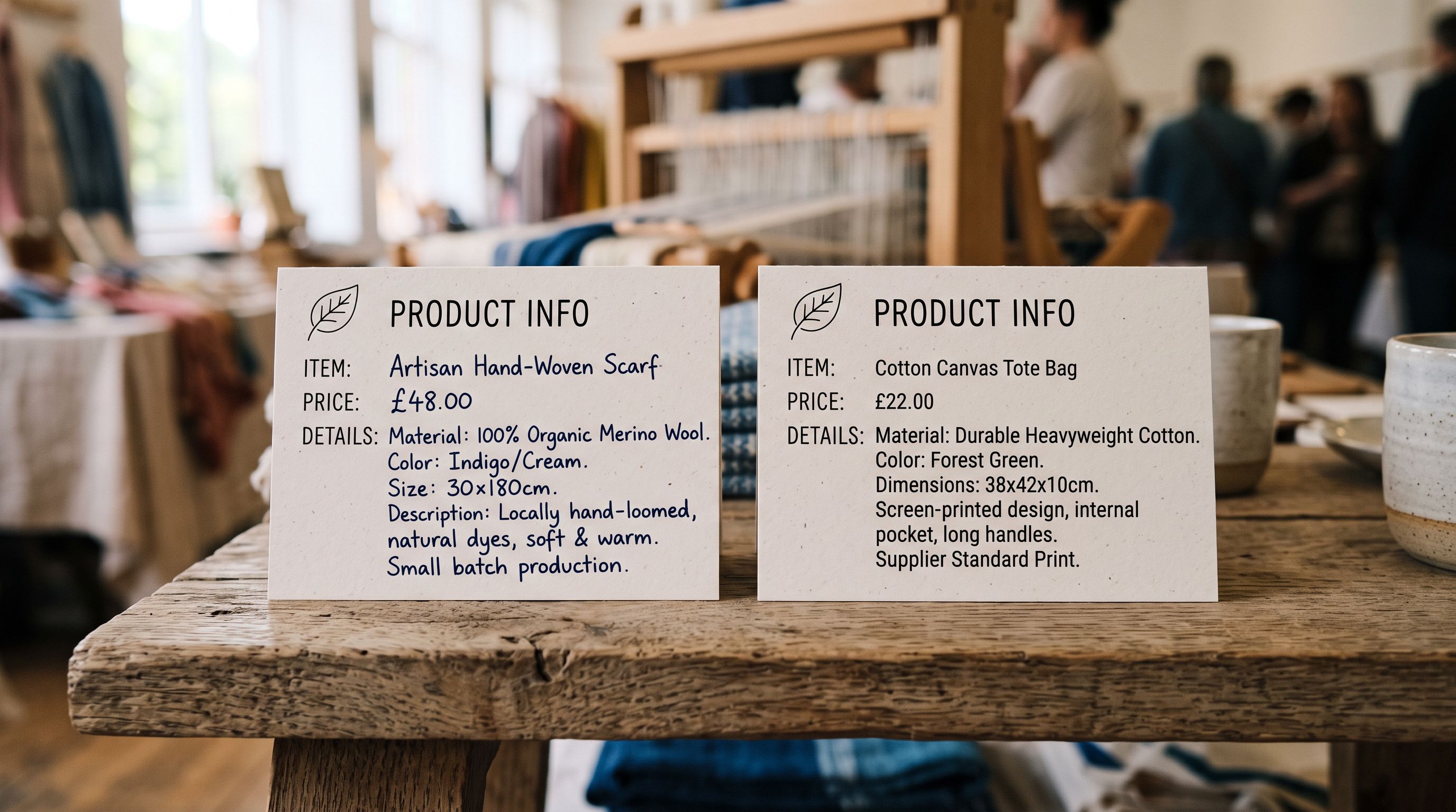 Two product information cards side by side showing original and supplier replacement product details on a display table