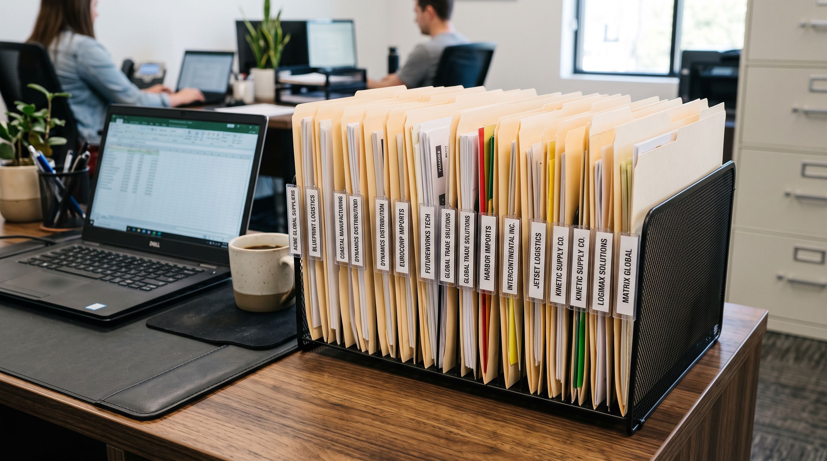 Labelled supplier import profile folders in a file holder on a commercial desk organised by supplier name