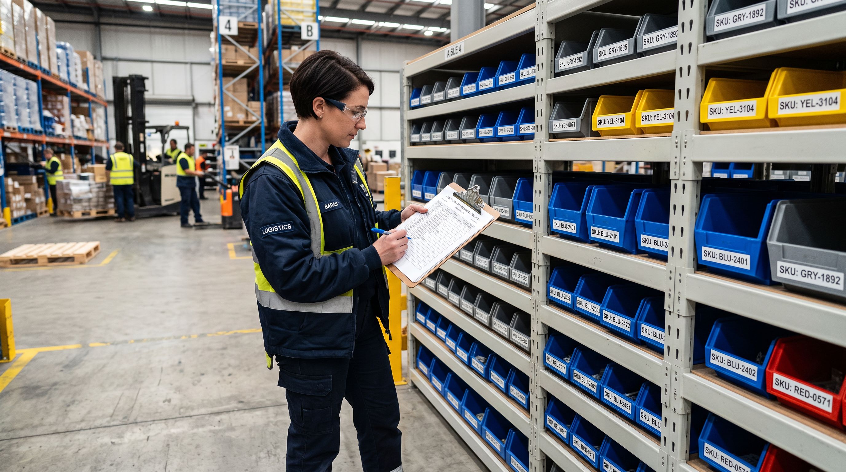 Warehouse worker verifying inventory count sheets beside organised product stock shelving with SKU labels