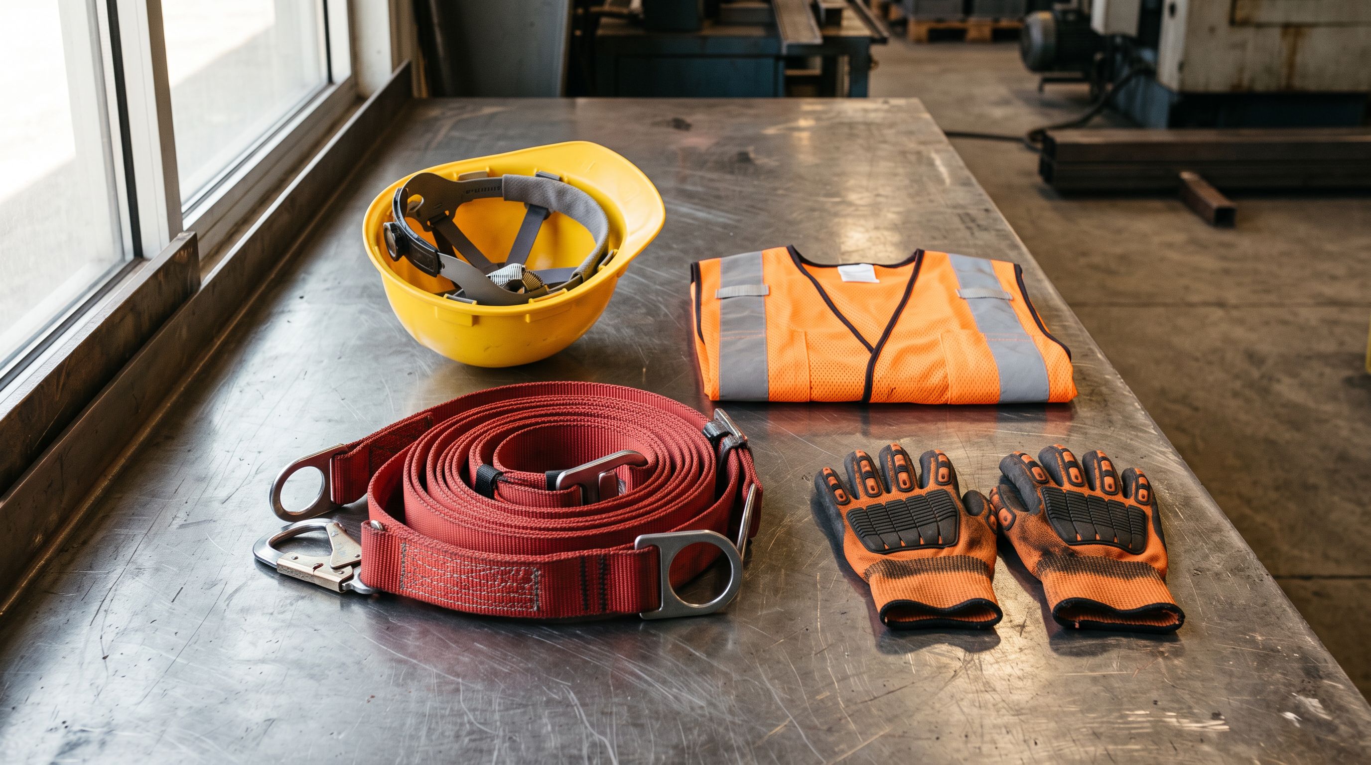 Industrial personal protective equipment including hard hat, safety harness and orange work gloves on a steel surface.