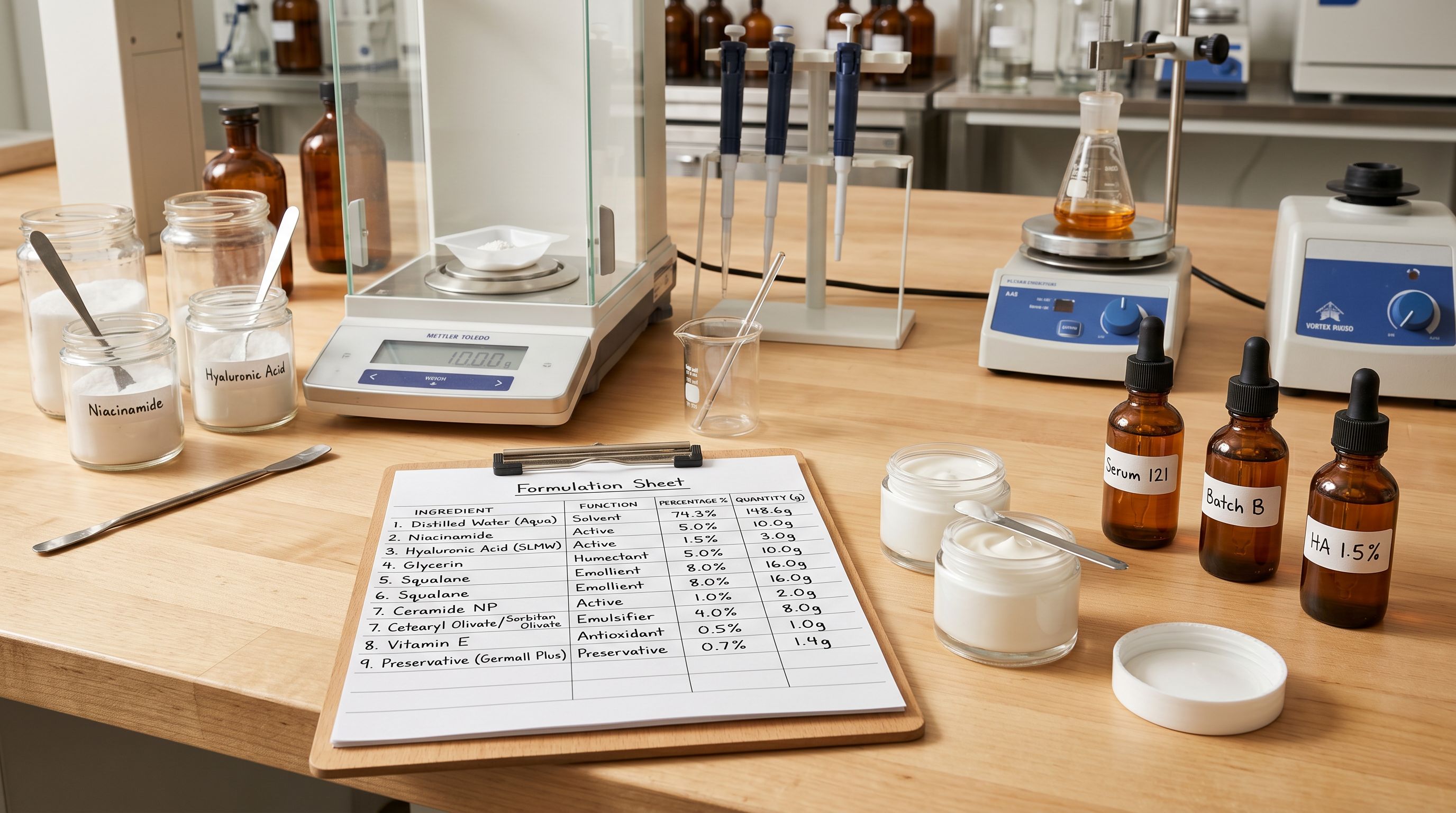 Skincare formulation workspace with cream jars, serum bottles, and a handwritten formula sheet.