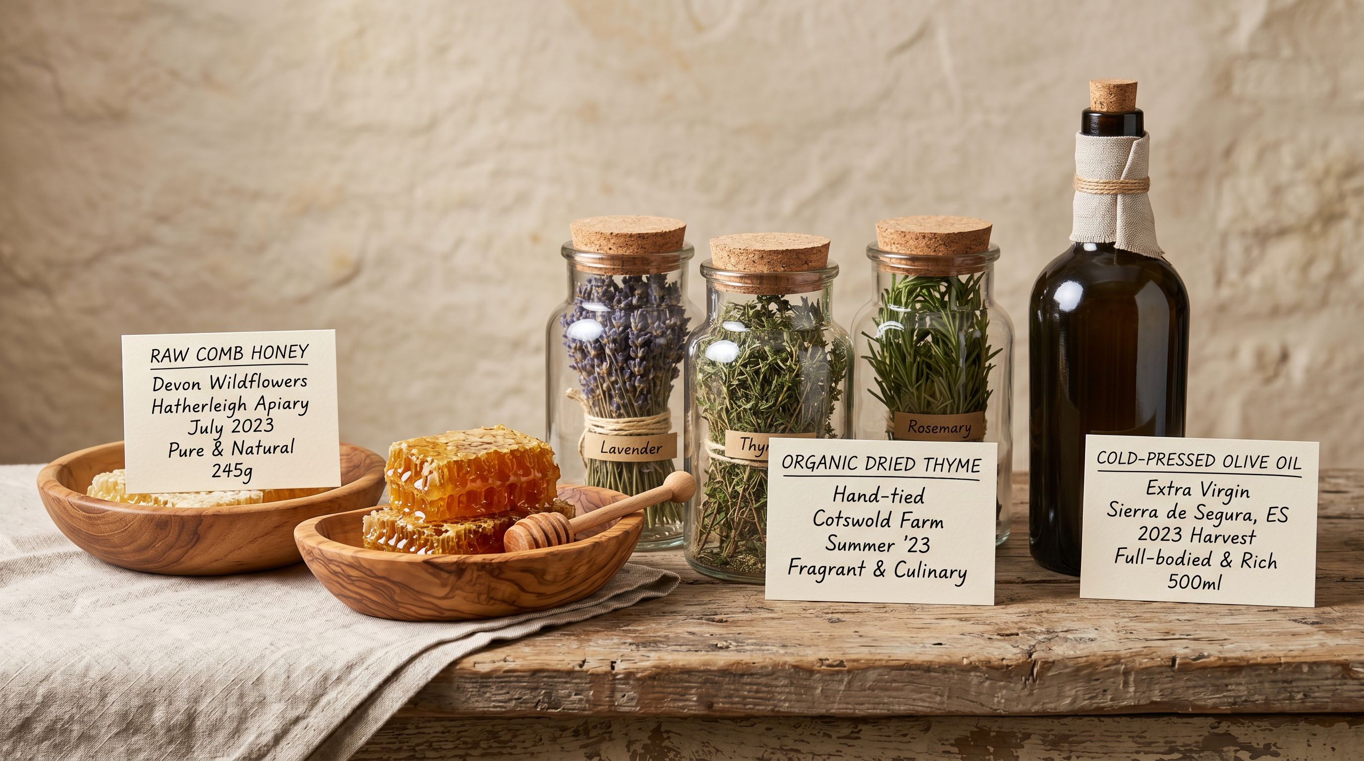 Artisan food market display with honey, dried herbs in glass jars, and cold-pressed oil on a wooden counter.