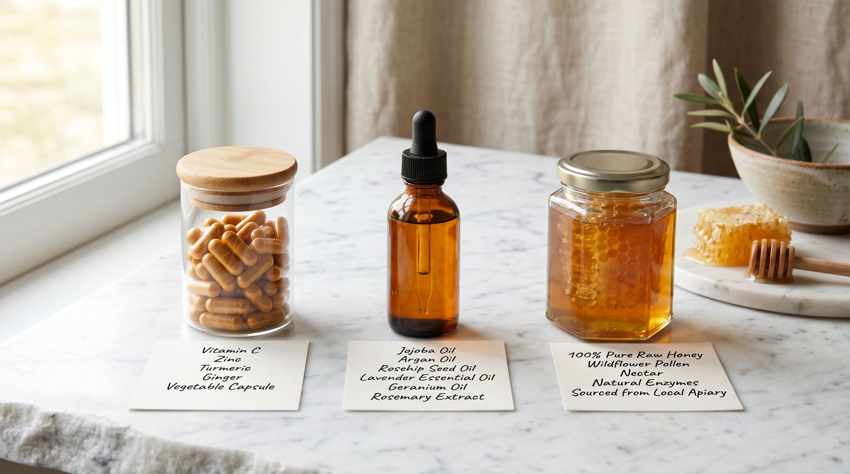 Supplement capsules, a vitamin C serum bottle, and a craft honey jar arranged on a white marble surface with ingredient labels visible.