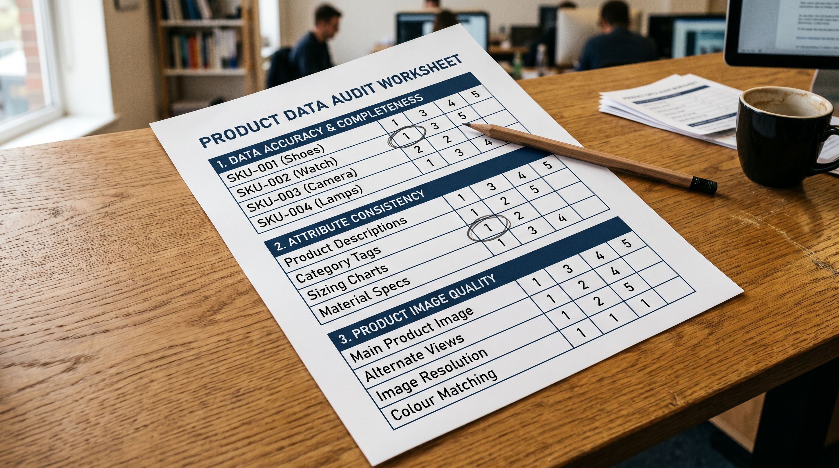 Printed Instagram Shopping product data audit worksheet on a desk showing three sections for descriptions, tags, and category fields with handwritten quality scores beside each section and a pen marking low-scoring items.