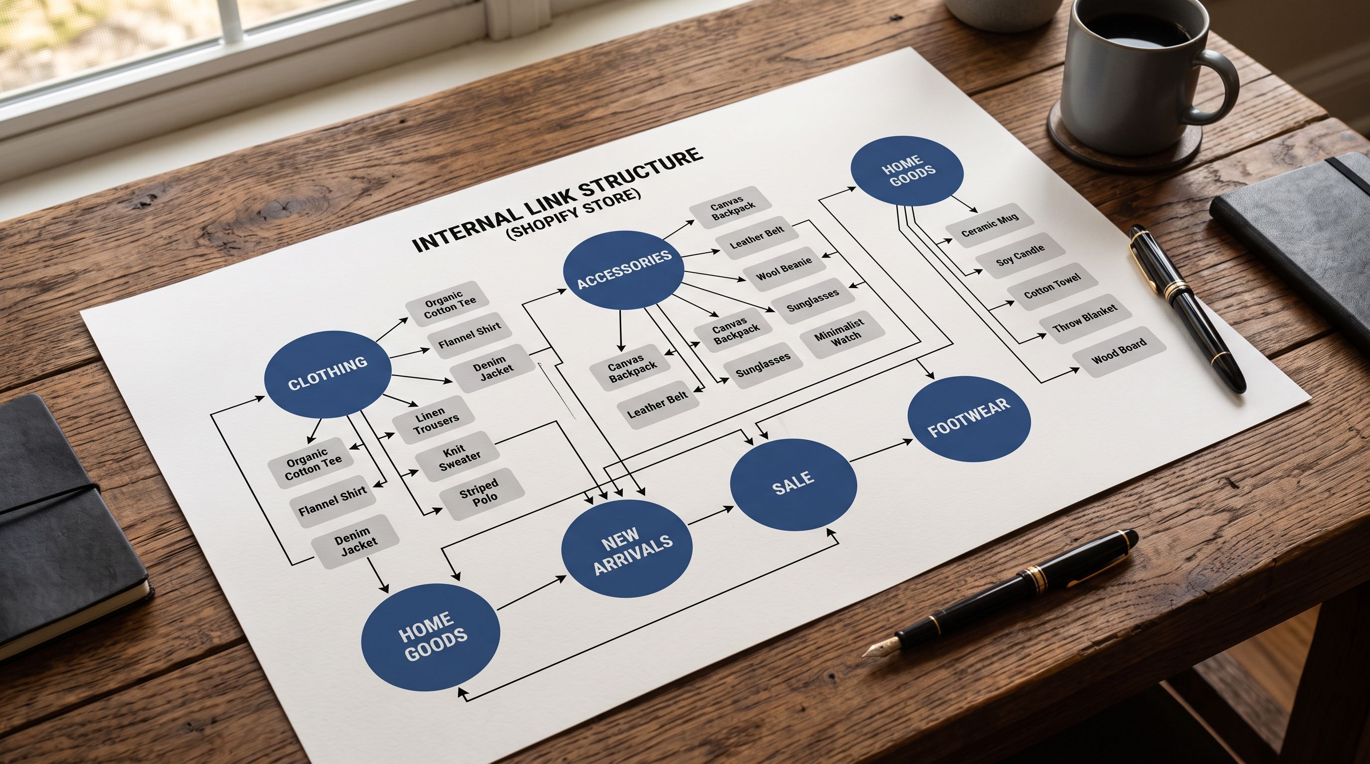 A printed site architecture diagram spread on a desk showing collection nodes connected to product page nodes with directional arrows, representing the internal link structure of a Shopify store.