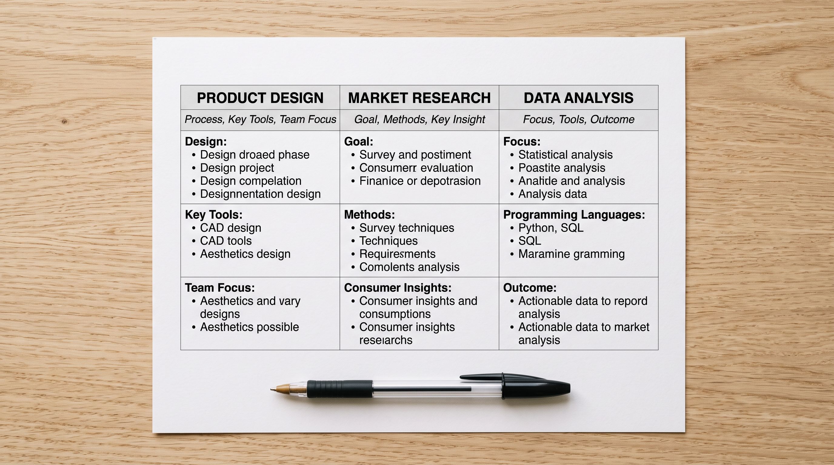 A printed three-column comparison table on white card stock resting on a pale timber surface, each column headed with a different field name in bold type, a black ballpoint pen laid across the bottom of the card.