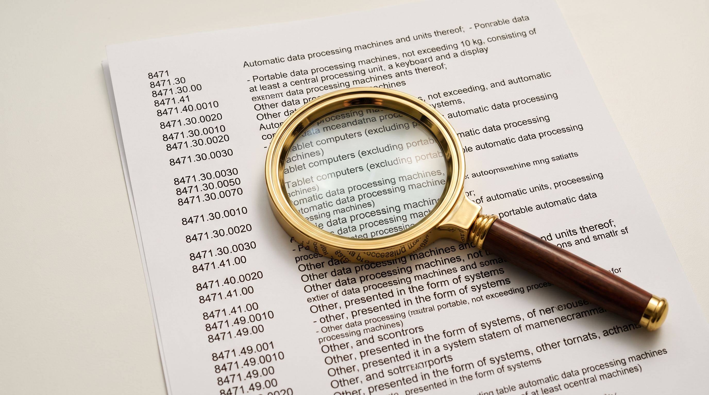 A printed customs tariff classification reference sheet resting on a white desk, showing a multi-level numbered code structure on the left and product category descriptions on the right, a magnifying glass resting on the sheet.