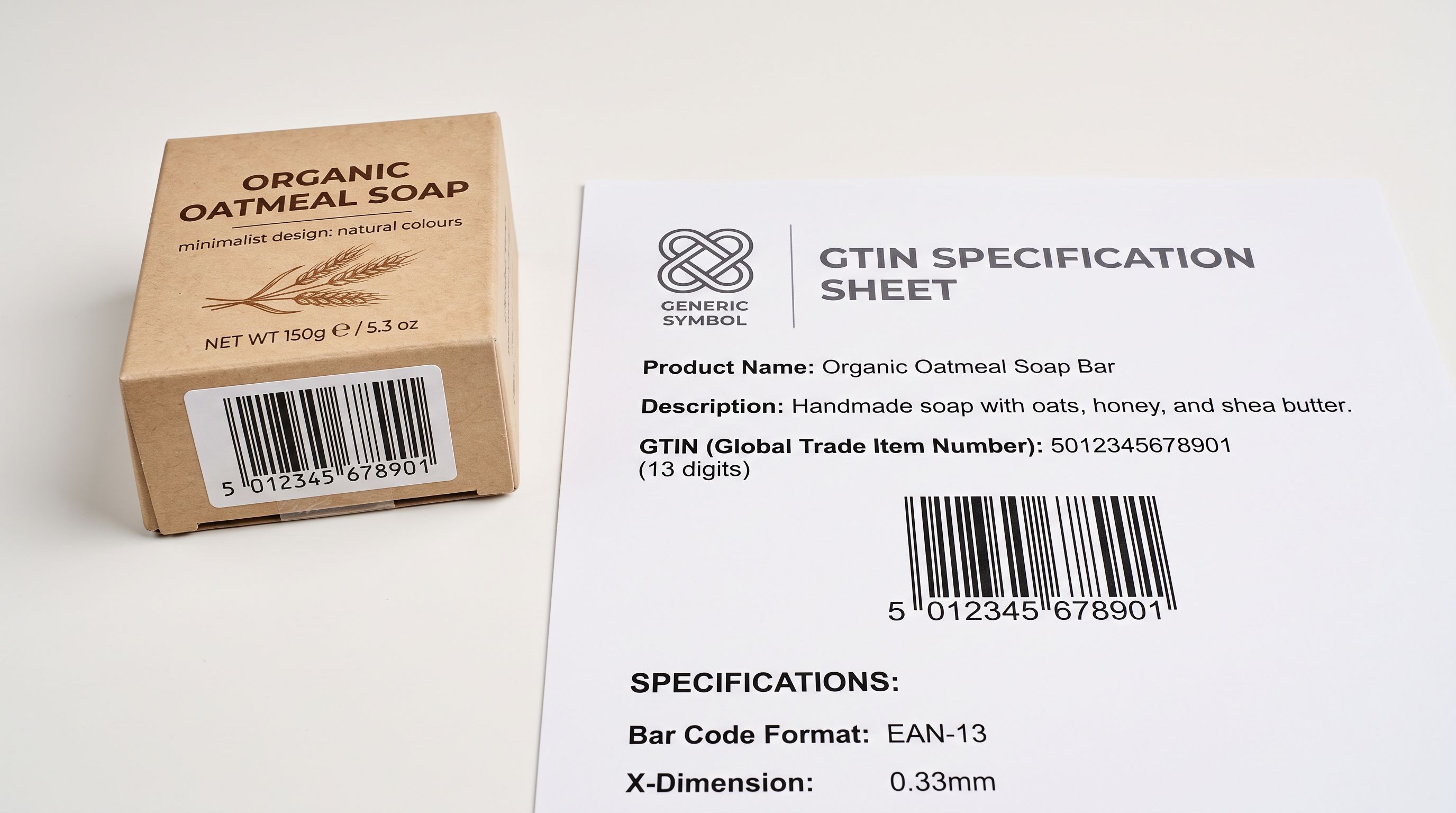 A retail product with a clearly visible barcode label resting on a white surface beside a printed GTIN specification sheet showing a 13-digit barcode number and product identifier fields, photographed under even studio lighting.