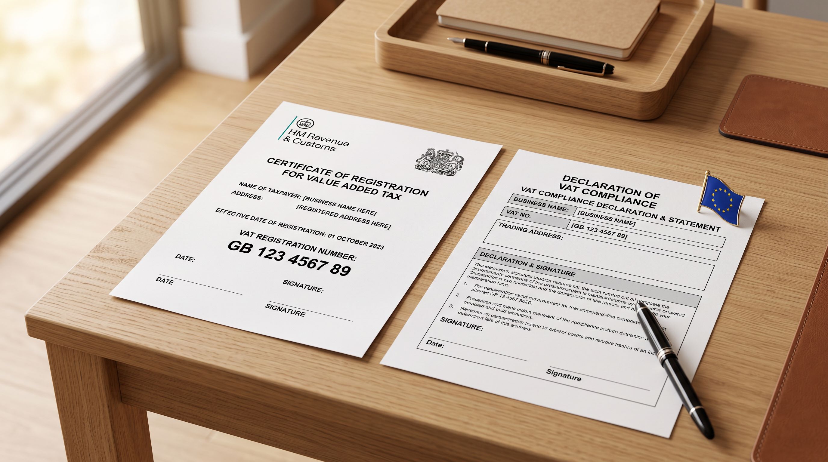 A printed VAT registration certificate and compliance declaration form on a white desk surface, the certificate showing registration number fields with placeholder digits, beside a small flag pin, photographed under warm studio lighting from above.