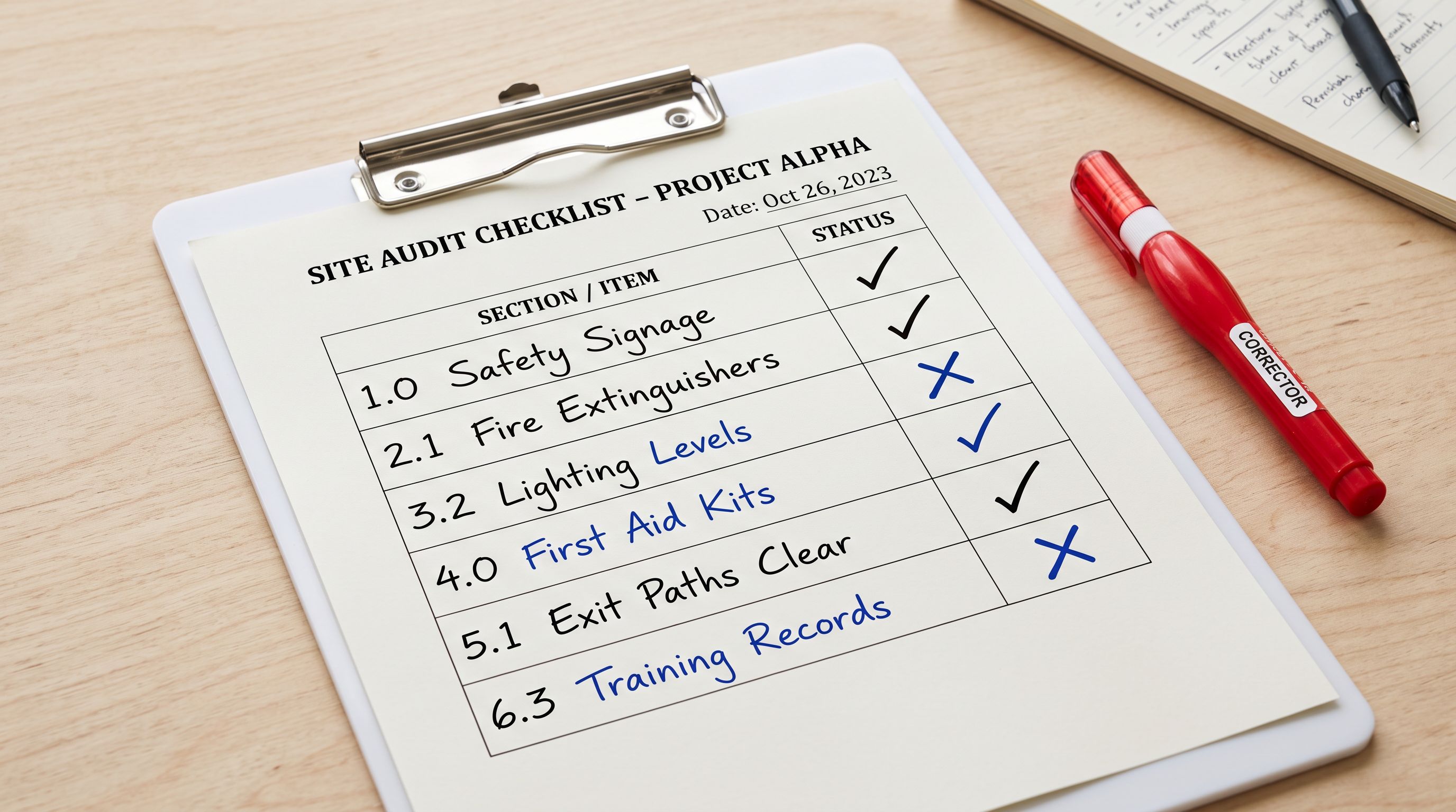 A printed six-row audit checklist on a white clipboard resting on a pale birchwood surface, each row showing a field name and a status column with tick marks and crosses in different ink colours, a red correction pen resting alongside.