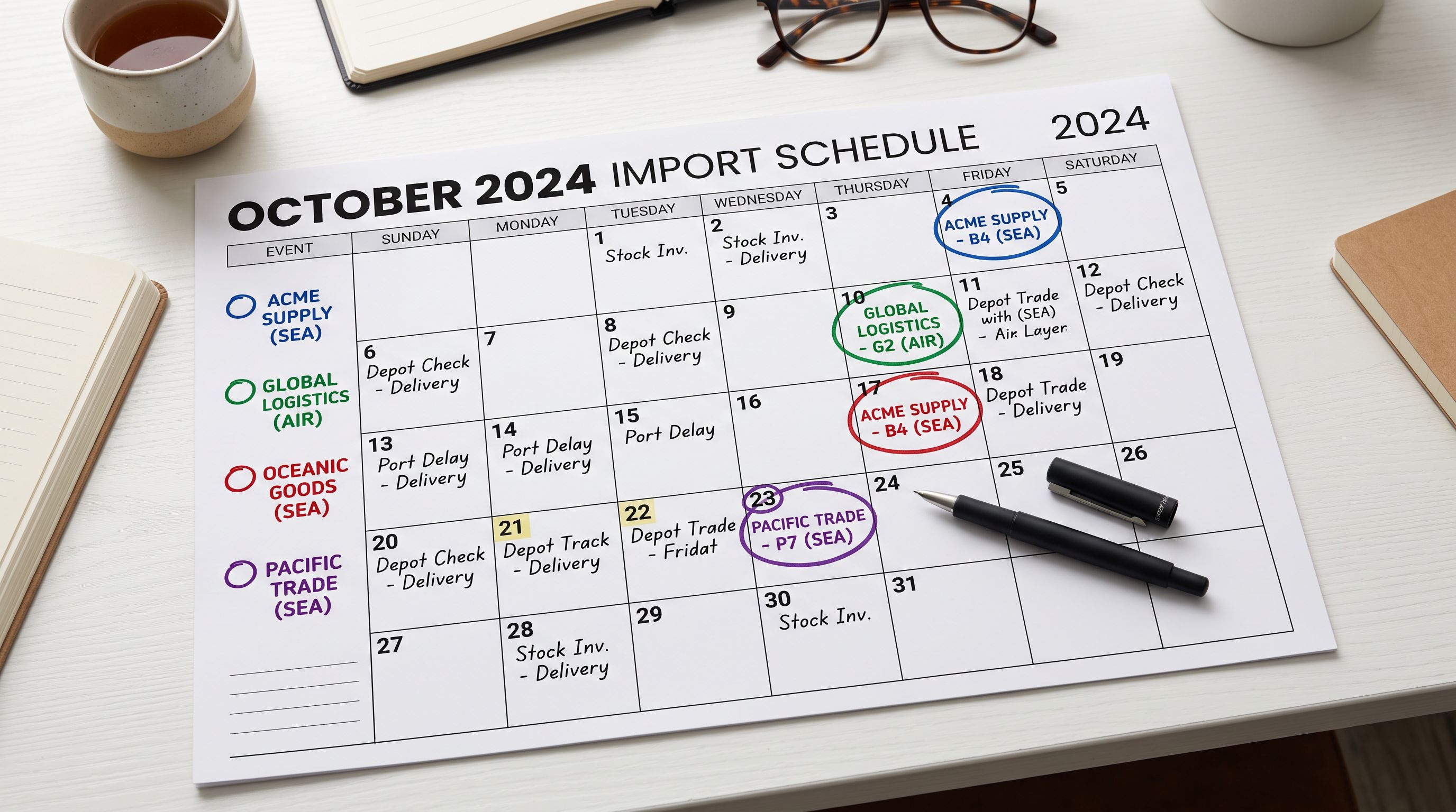 A printed calendar page resting on a white desk with four recurring import events circled on different dates, each circle in a different ink colour corresponding to a different supplier label written in the margin, a pen resting on the calendar.