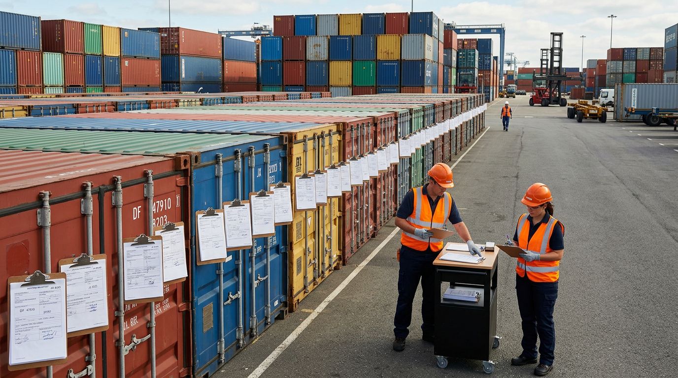 Rows of international shipping containers stacked at a cargo port terminal, each labelled with destination codes and customs markings, overhead port crane visible.