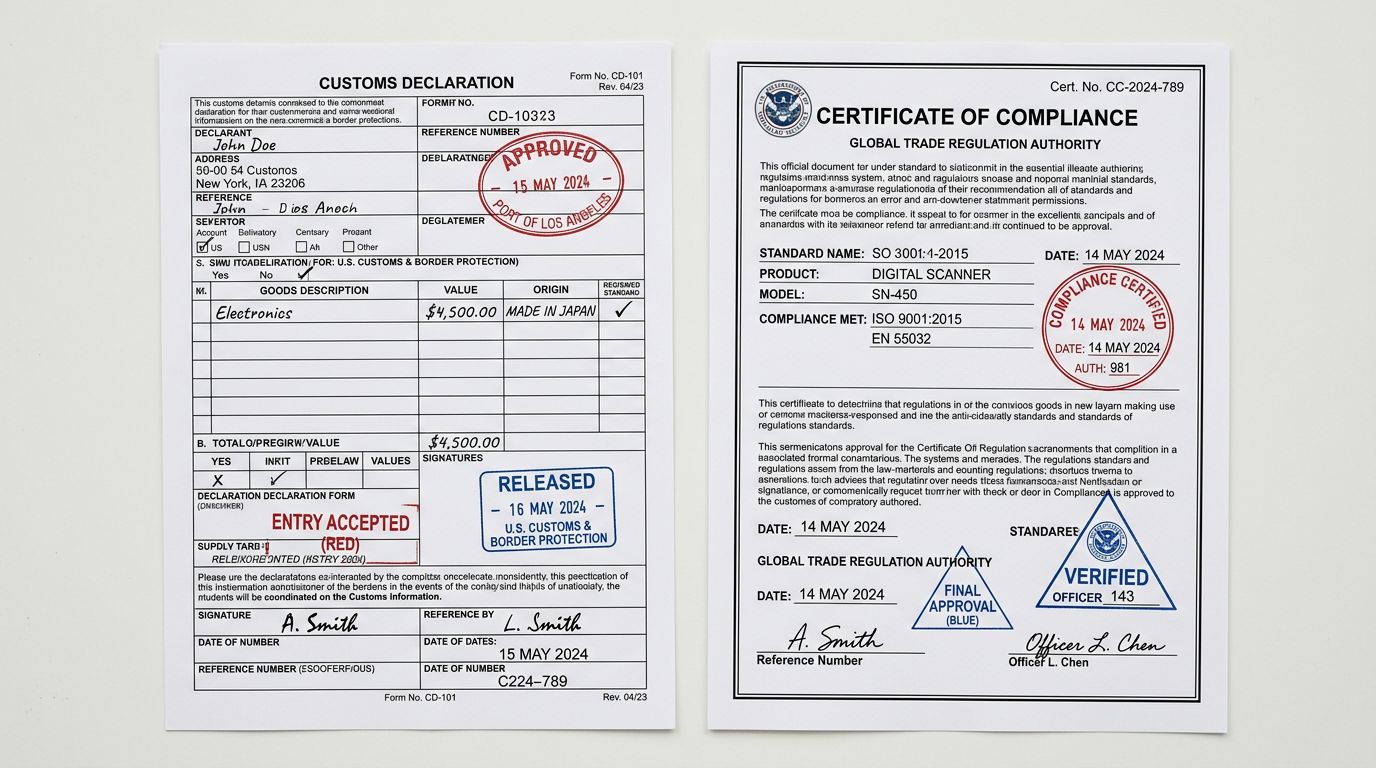 Official government customs declaration and compliance certificate documents spread across a flat surface, official stamps and regulatory seals clearly visible in full focus.