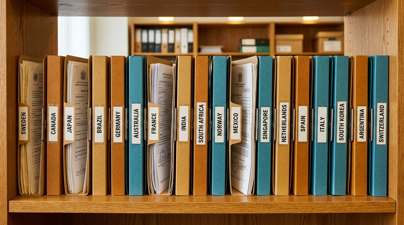 Product registration certificates and compliance documentation arranged in an orderly row in labelled amber filing folders on a clean shelf, all sharp and in focus.