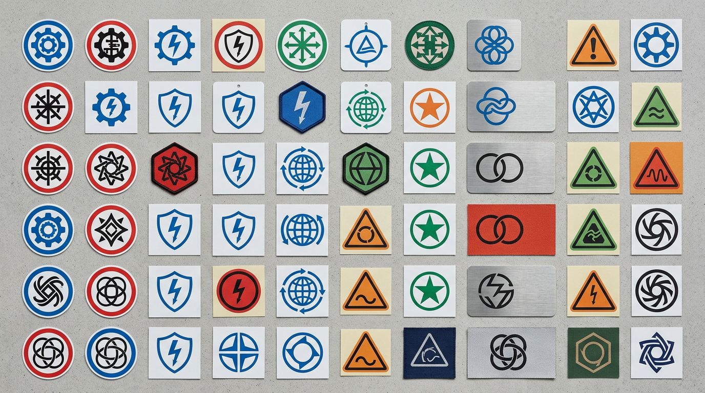 A variety of product safety compliance labels and certification marks printed on white tags attached to different products arranged in a neat row, all details sharp and in focus.