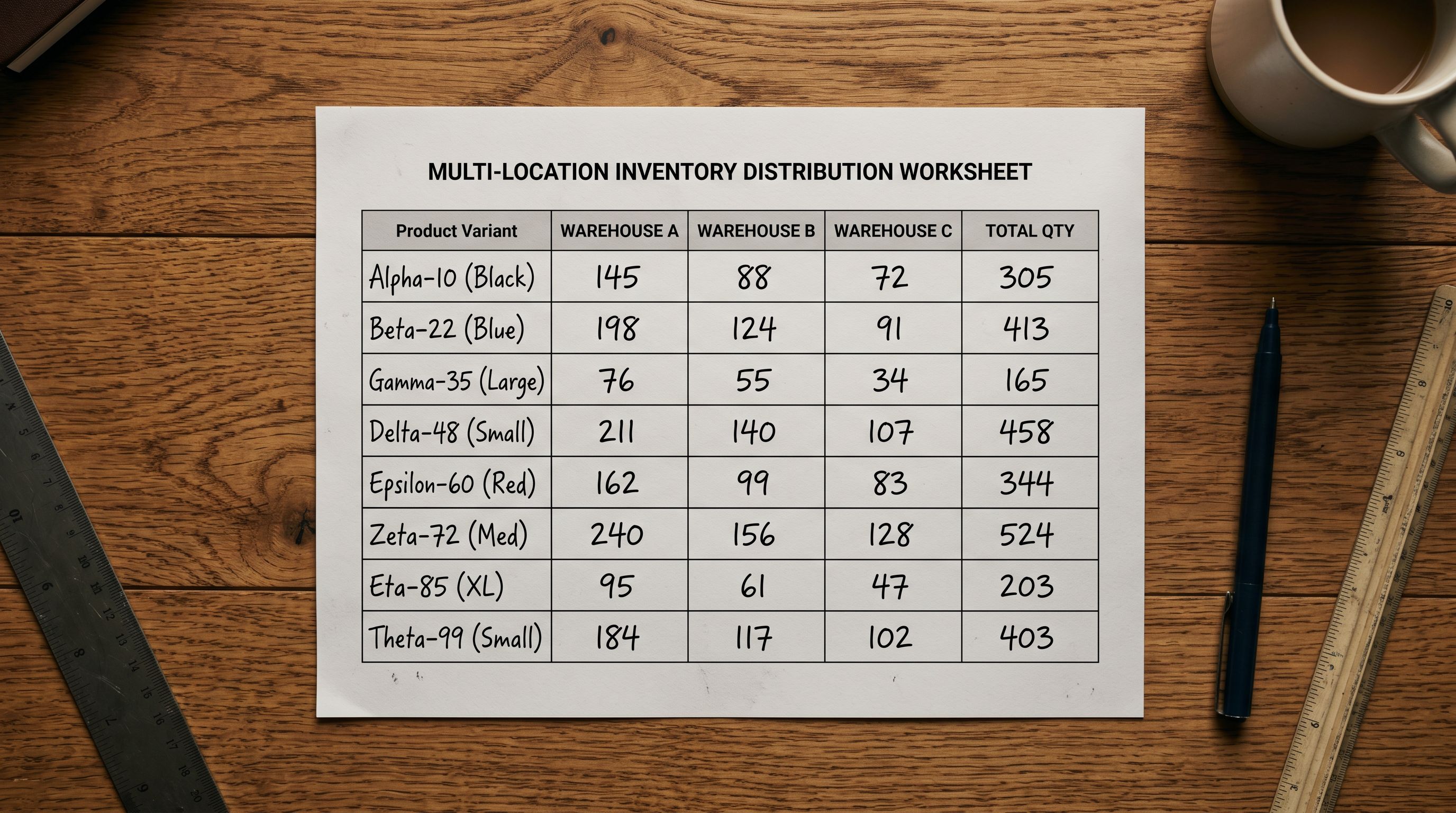 Printed multi-location inventory distribution worksheet on a desk showing a table with product variant rows and three warehouse location columns, with handwritten stock quantities filled into each cell and a pen marking the total column on the right.