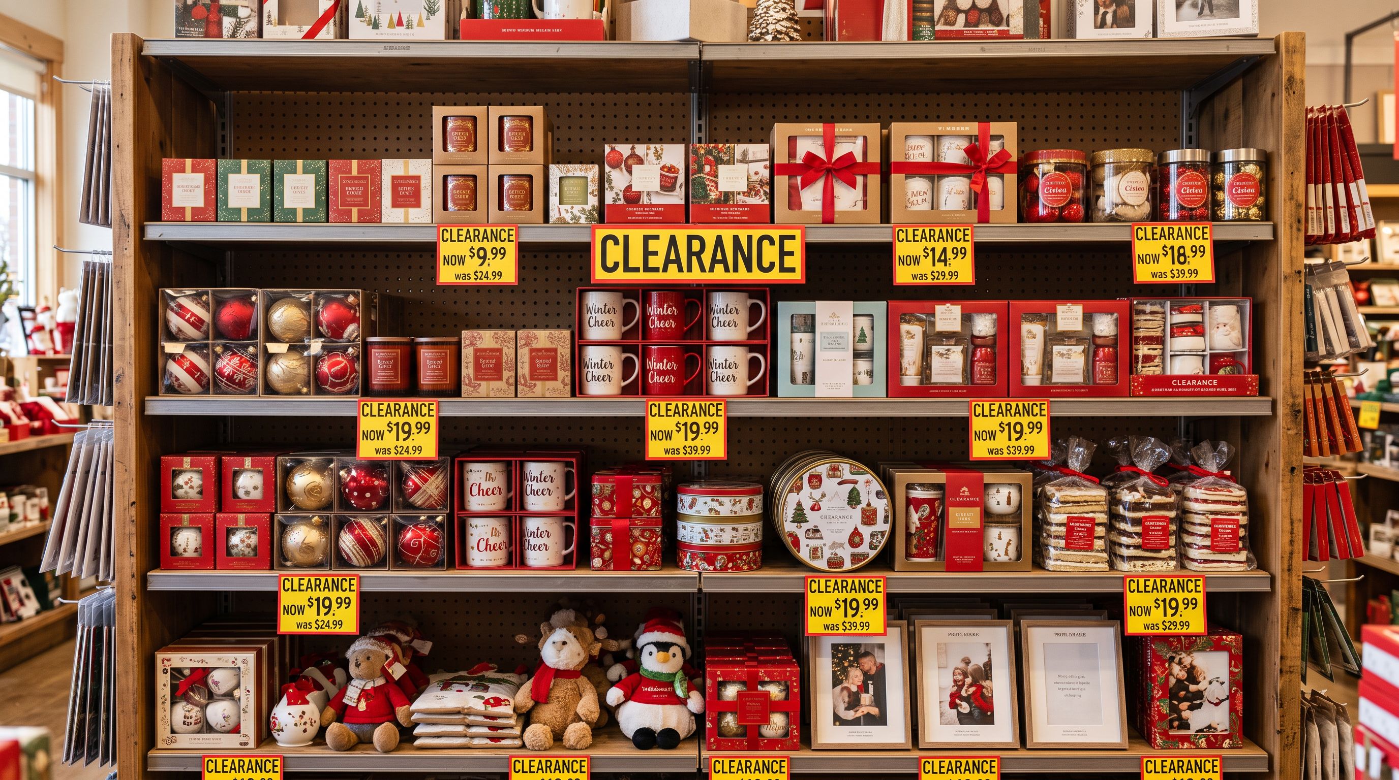 Retail shelving unit with seasonal gift products marked down with bold price reduction tags, stock organised in rows for a January clearance sale.