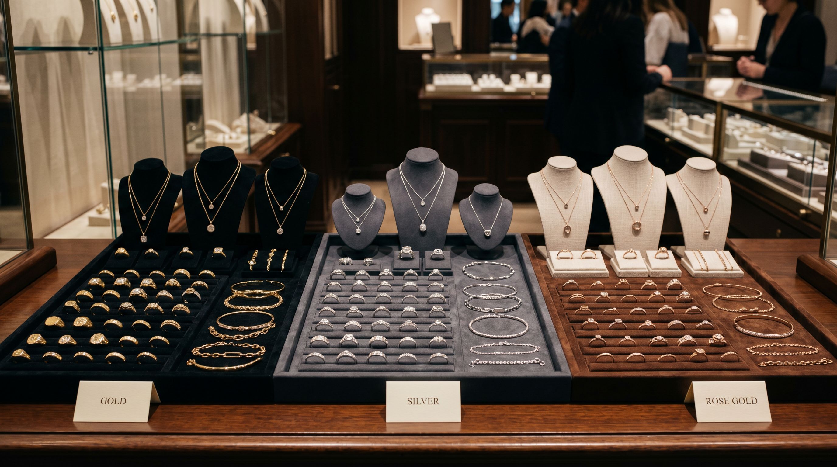 Organised display of fine jewellery pieces including rings, necklaces and bracelets arranged on a velvet jewellery tray under studio lighting, metal types and gemstone colours clearly distinguishable.