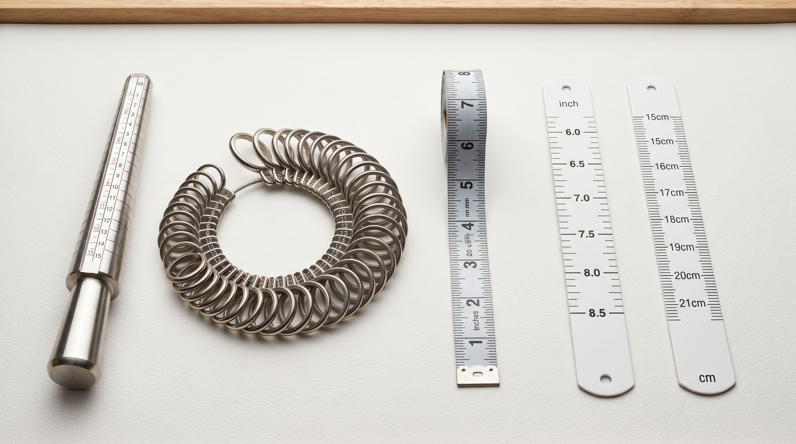 Close-up of a jewellery size chart showing ring sizing gauges and bracelet measurement tools arranged on a white surface.