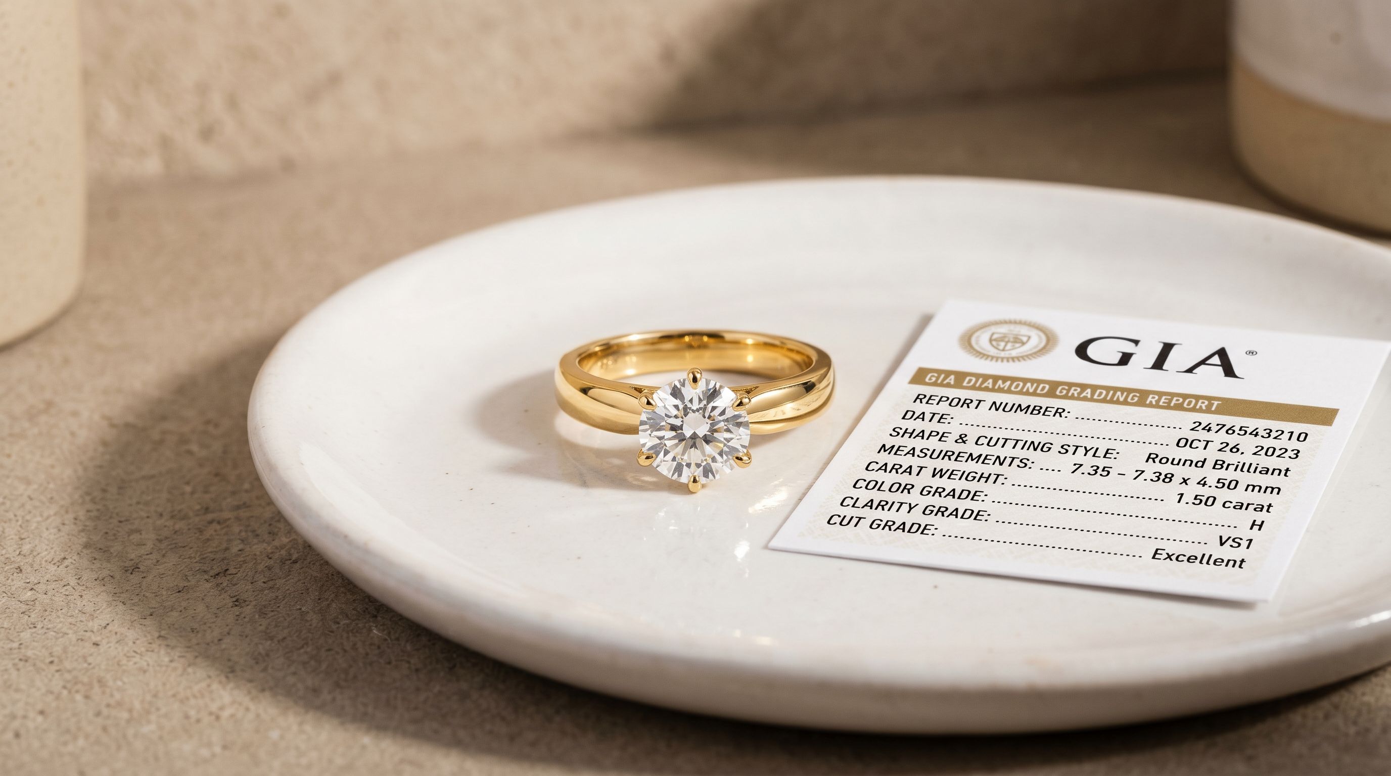 A gold ring with a central gemstone displayed on a small ceramic dish next to a jewellery certification card, photographed under warm studio lighting.