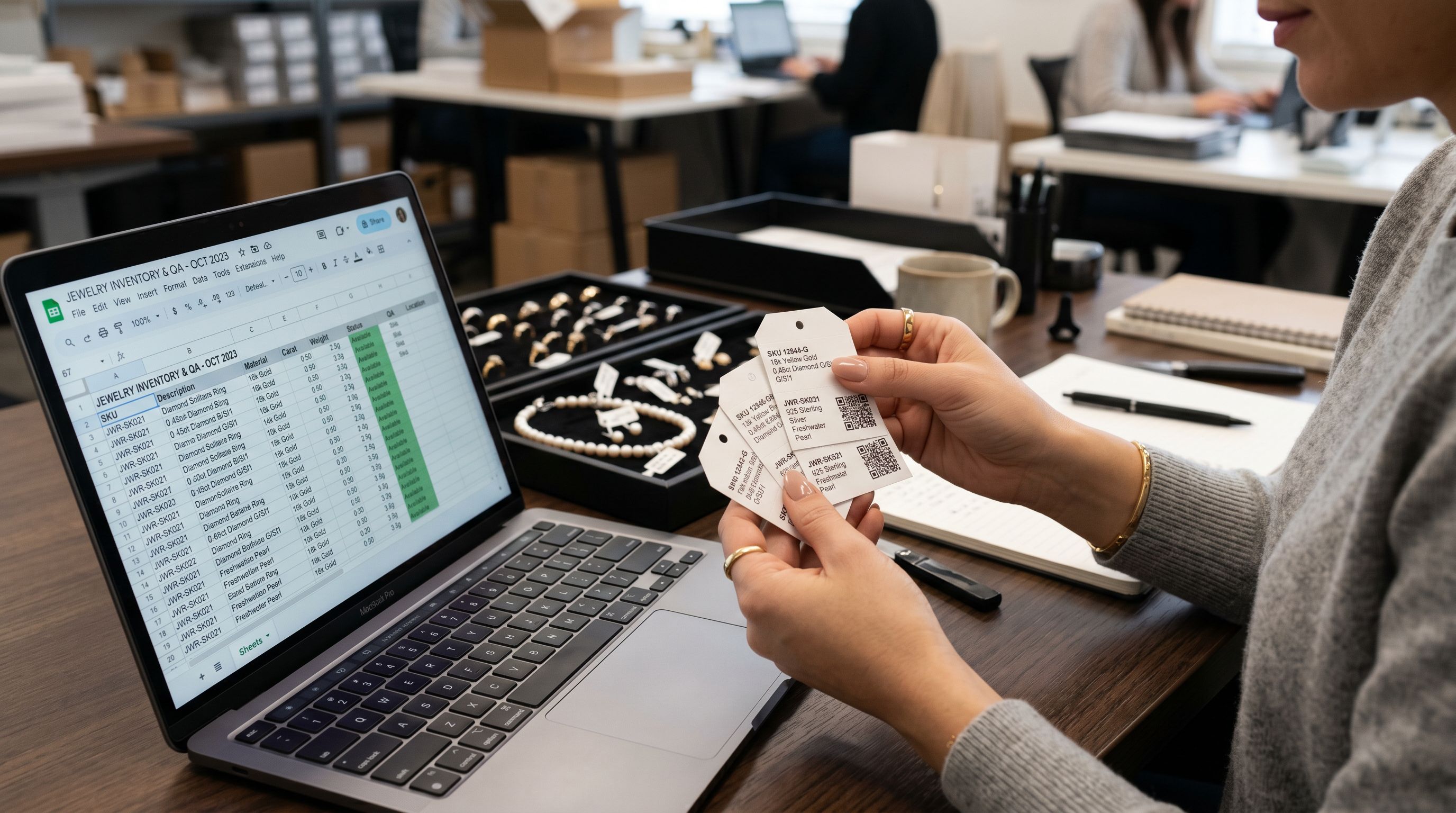 A jewellery merchant reviewing product title entries on a spreadsheet alongside jewellery packaging labels, matching title formats across multiple pieces.