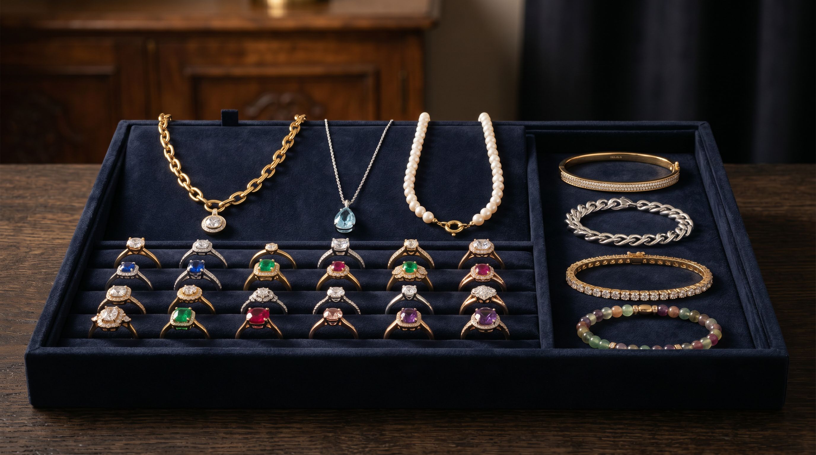 Jewellery display tray with rings, necklaces, and bracelets in gold and silver under studio lighting, gemstones visible in several pieces.