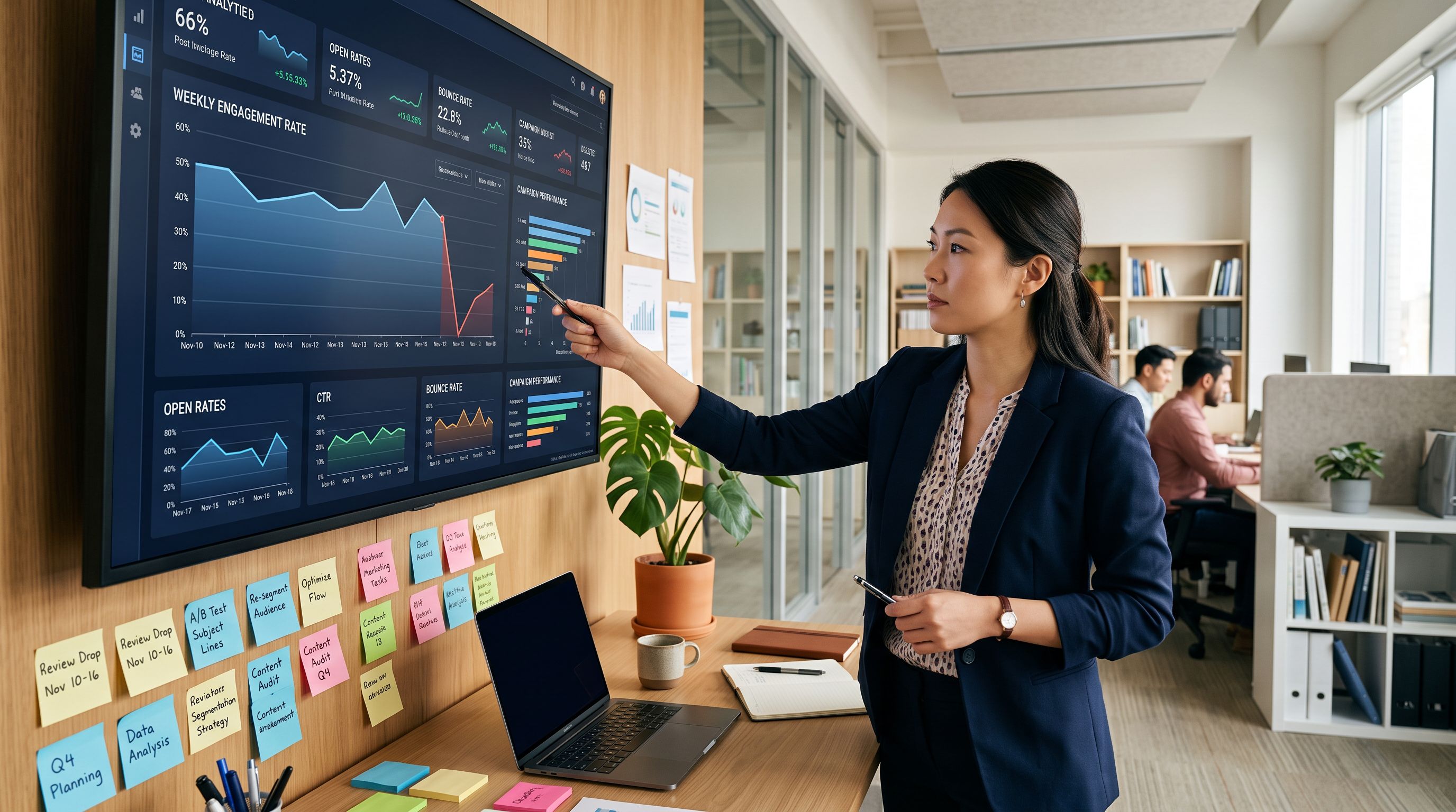 An email marketing specialist reviewing a flow analytics dashboard on a large monitor in a bright office, showing a line graph with a visible drop in email sends correlated with a specific date on the timeline.