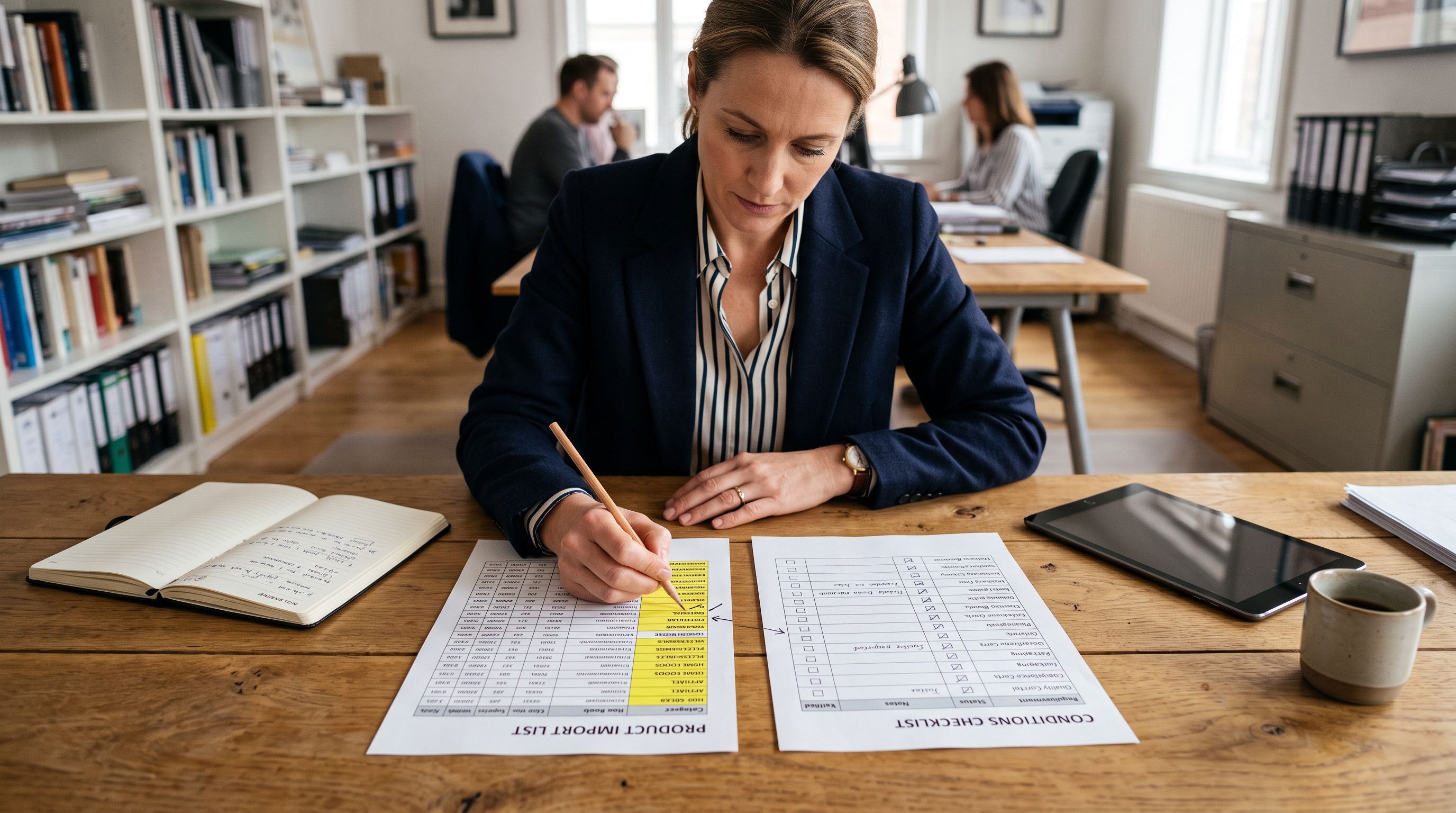 A retail buyer at a desk reviewing two printed spreadsheets side by side, one showing a product import list with a tags column and another showing a Klaviyo flow condition configuration, with handwritten alignment notes between the two.