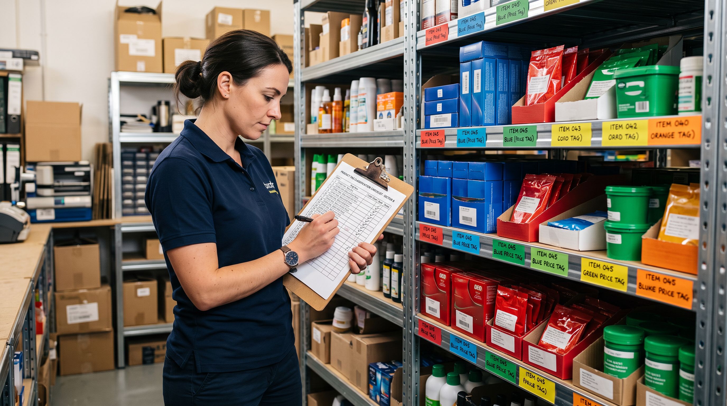 A merchandising manager reviewing a printed tag checklist on a clipboard beside a monitor showing a product inventory management screen, with sticky note reminders attached to the side of the monitor.