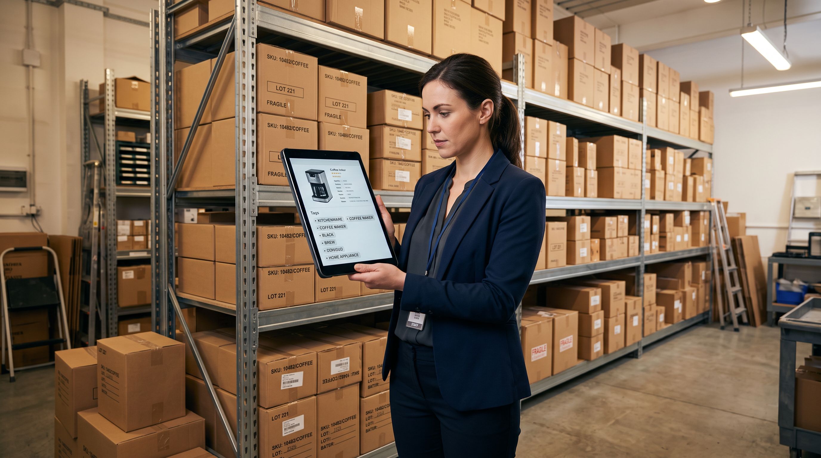 A store manager reviewing a tablet showing a product detail screen in a retail storeroom, checking the tags field on a newly received product to confirm the correct import tags have been applied before sending to the shop floor.