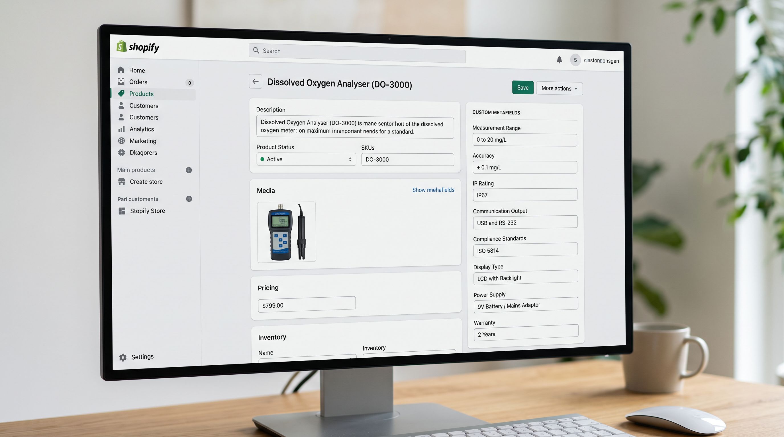 A monitor screen showing a Shopify product admin page for a dissolved oxygen analyser with a metafields panel populated: Measurement Range 0 to 20 mg/L, Accuracy plus minus 0.1 mg/L, IP Rating IP67, Communication Output USB and RS-232, Compliance Standards ISO 5814, all fields populated and visible, sharp focus, colour photography.