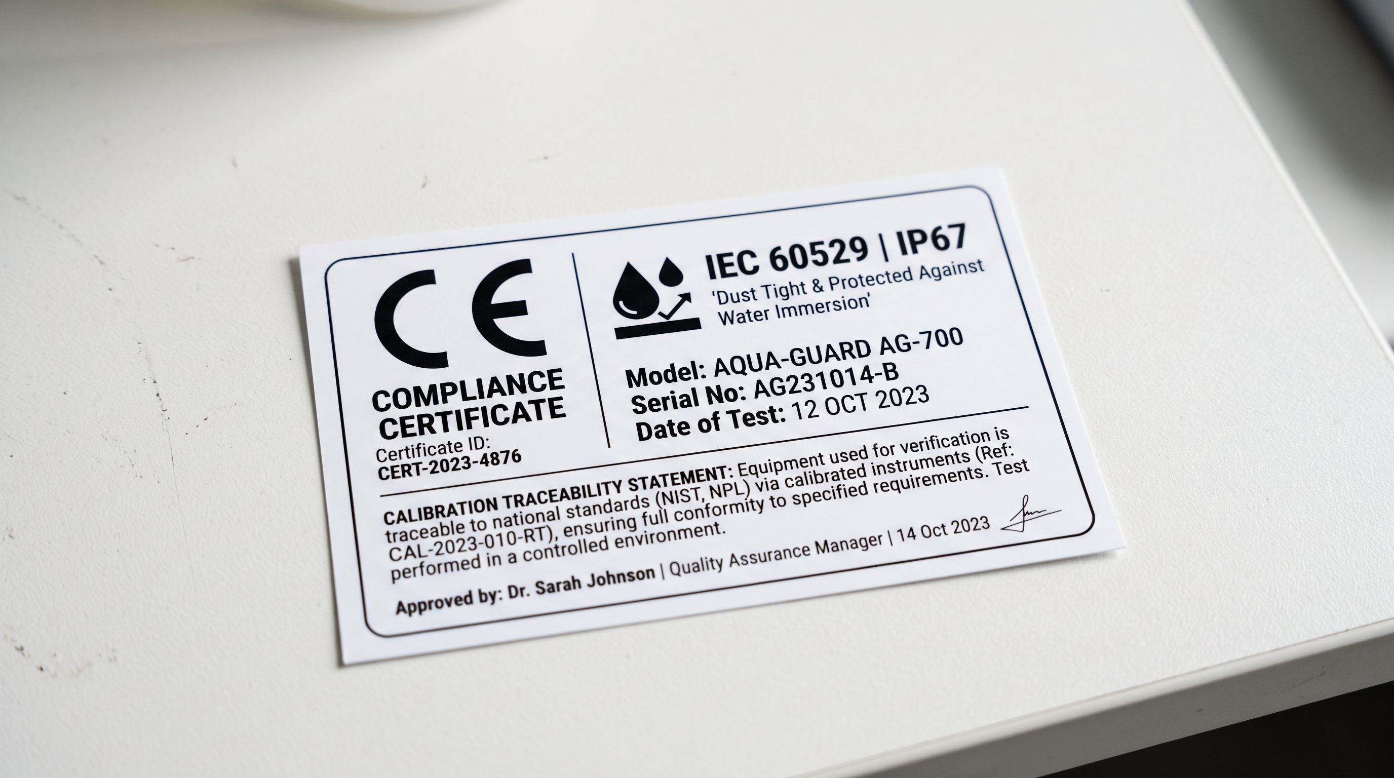 A printed compliance certification label showing CE marking, IEC 60529 IP67 symbol, and a calibration traceability statement, lying flat on a white laboratory surface, sharp focus, colour photography.