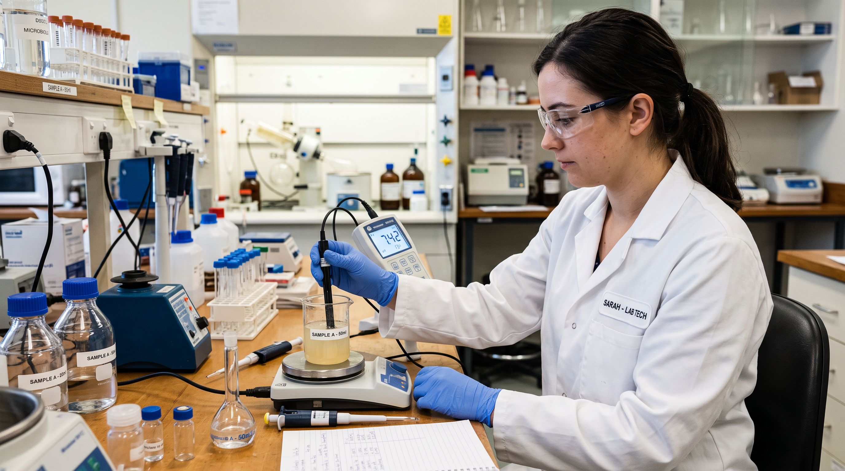 A laboratory technician in a white coat using a portable pH meter to measure a sample in a beaker on a laboratory bench, the meter display showing numerical readings, sharp focus, colour photography.